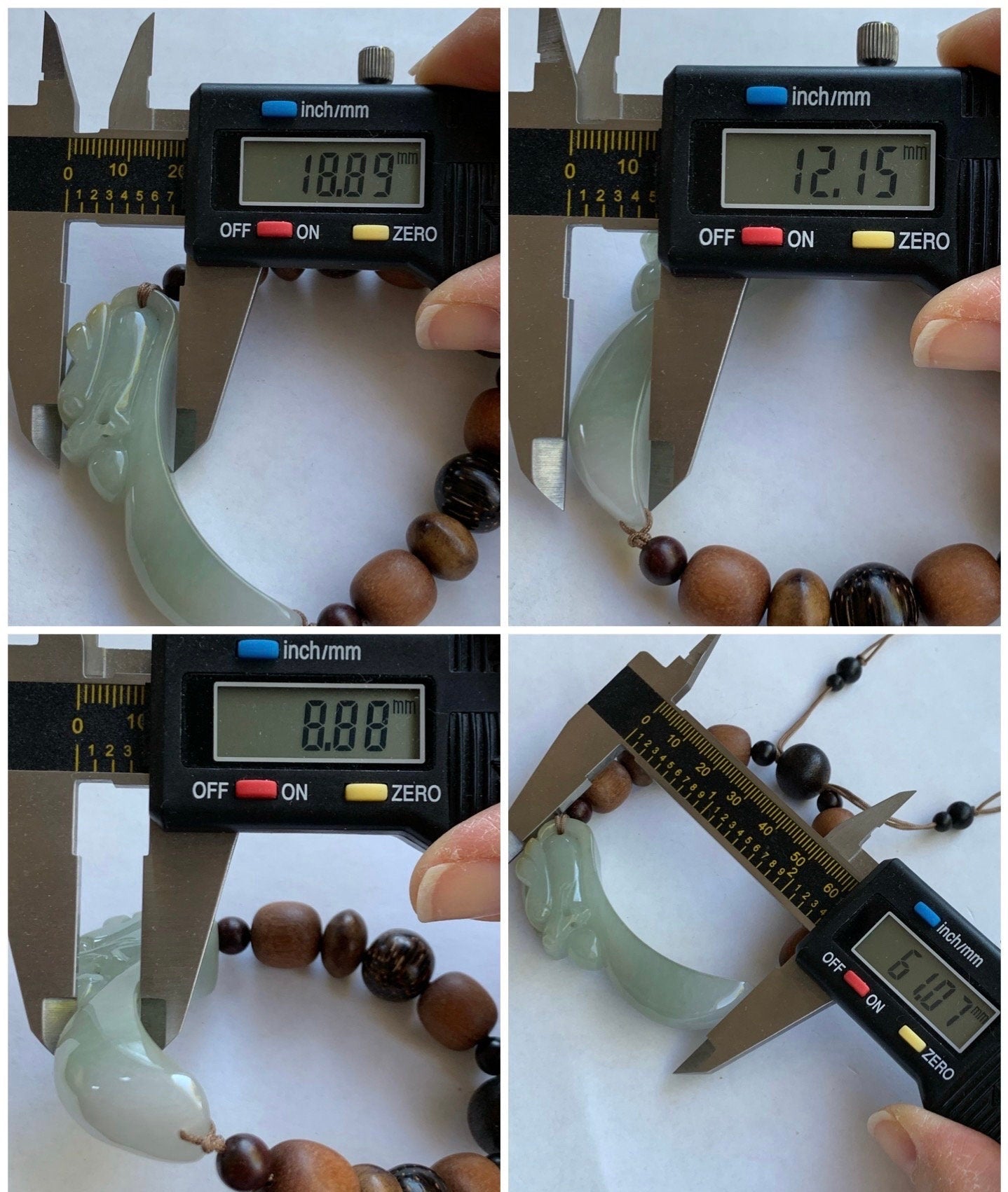 Natural Burmese Icy Translucent Dusty Sage Green Jadeite Carved 3D Dragon Hook Wood Beads Beaded Bracelet 7.25” 天然缅甸冰淡橄榄绿翡翠立体雕龙钩木珠手串