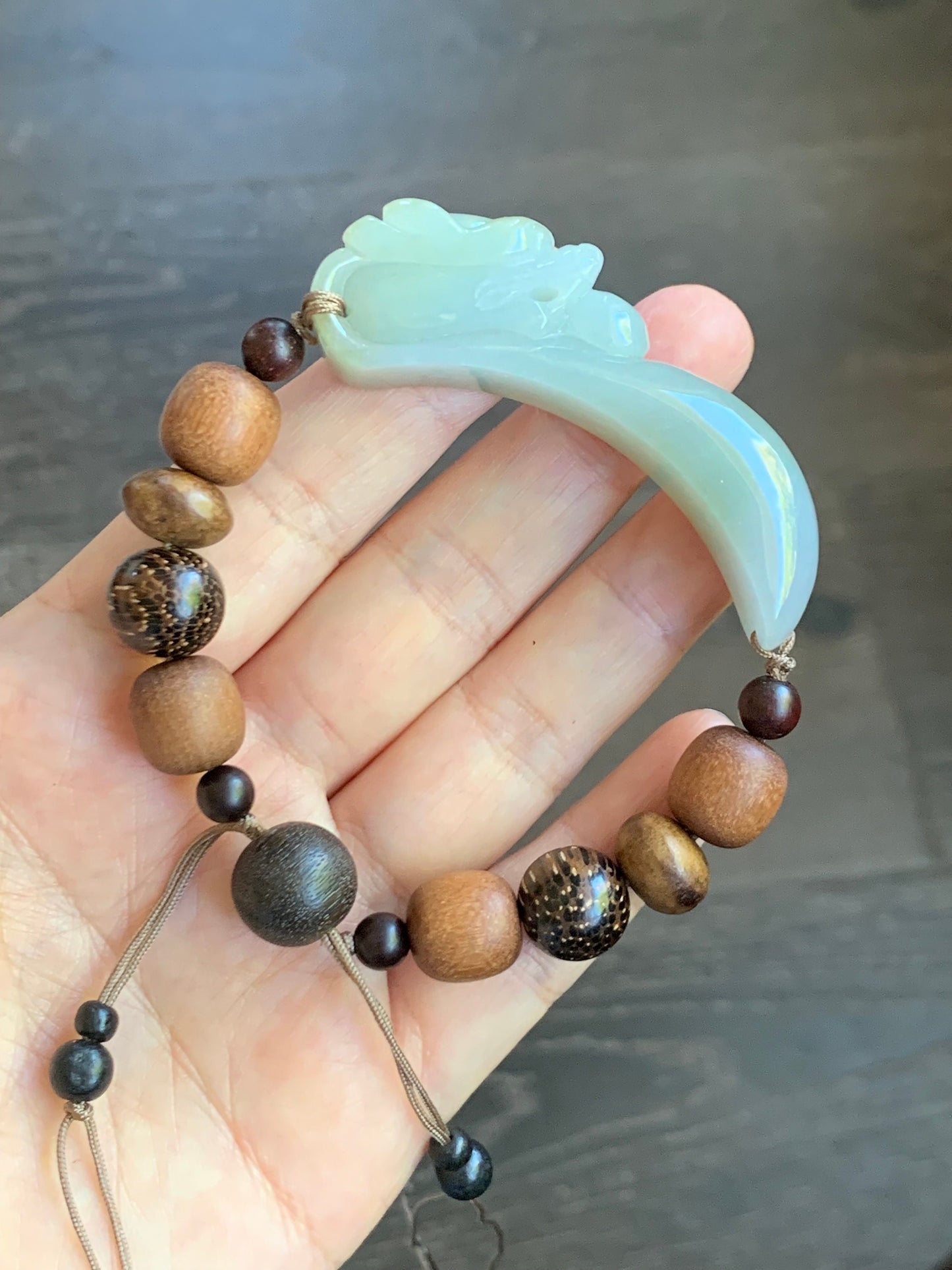 Natural Burmese Icy Translucent Dusty Sage Green Jadeite Carved 3D Dragon Hook Wood Beads Beaded Bracelet 7.25” 天然缅甸冰淡橄榄绿翡翠立体雕龙钩木珠手串
