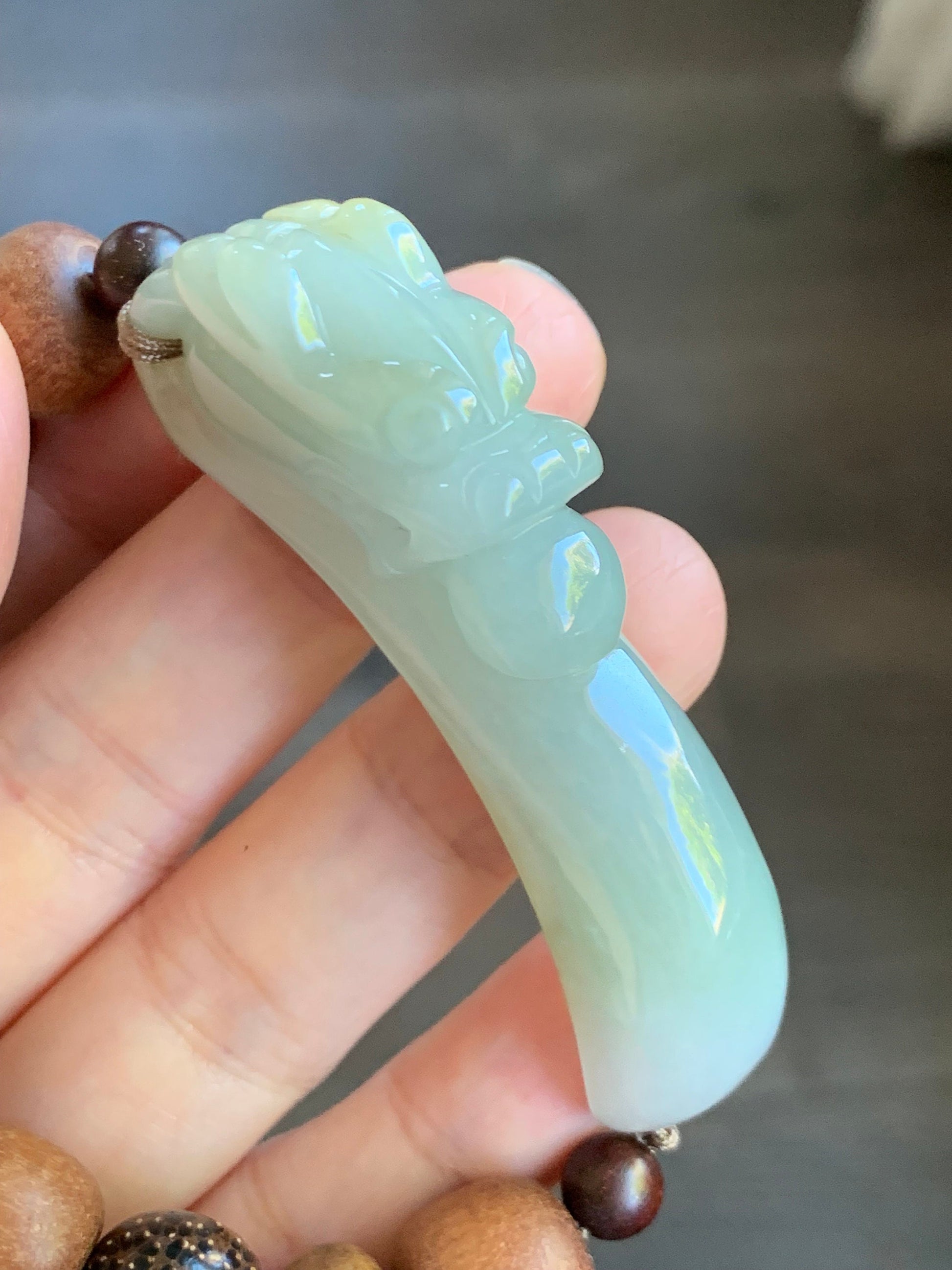 Natural Burmese Icy Translucent Dusty Sage Green Jadeite Carved 3D Dragon Hook Wood Beads Beaded Bracelet 7.25” 天然缅甸冰淡橄榄绿翡翠立体雕龙钩木珠手串