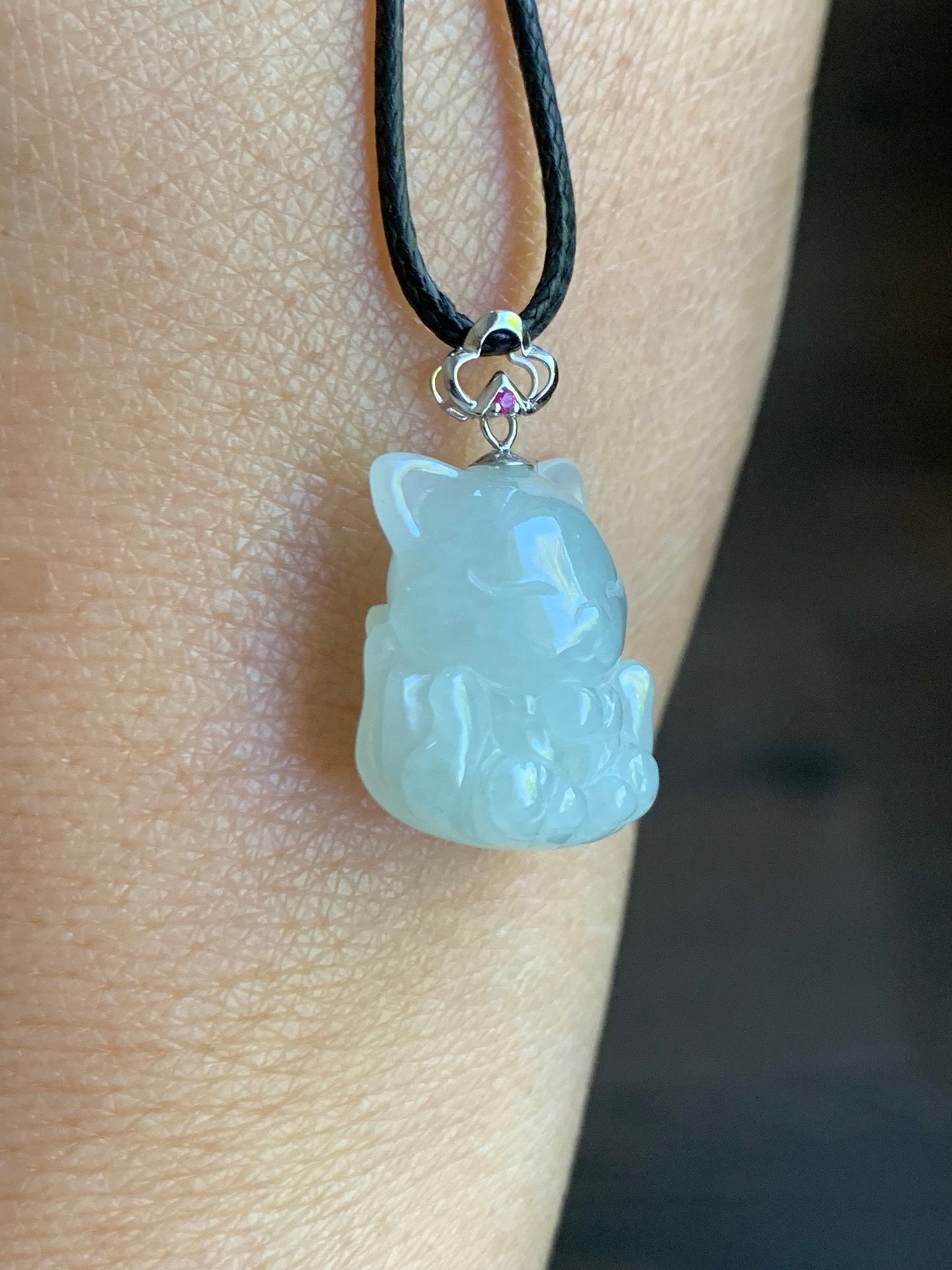 Natural Burmese Icy Translucent White Jadeite 3D Carved Nine-Tailed Fox Pendant 18K White Gold Bail 天然缅甸白冰翡翠九尾狐狸镶嵌吊坠 JWHA