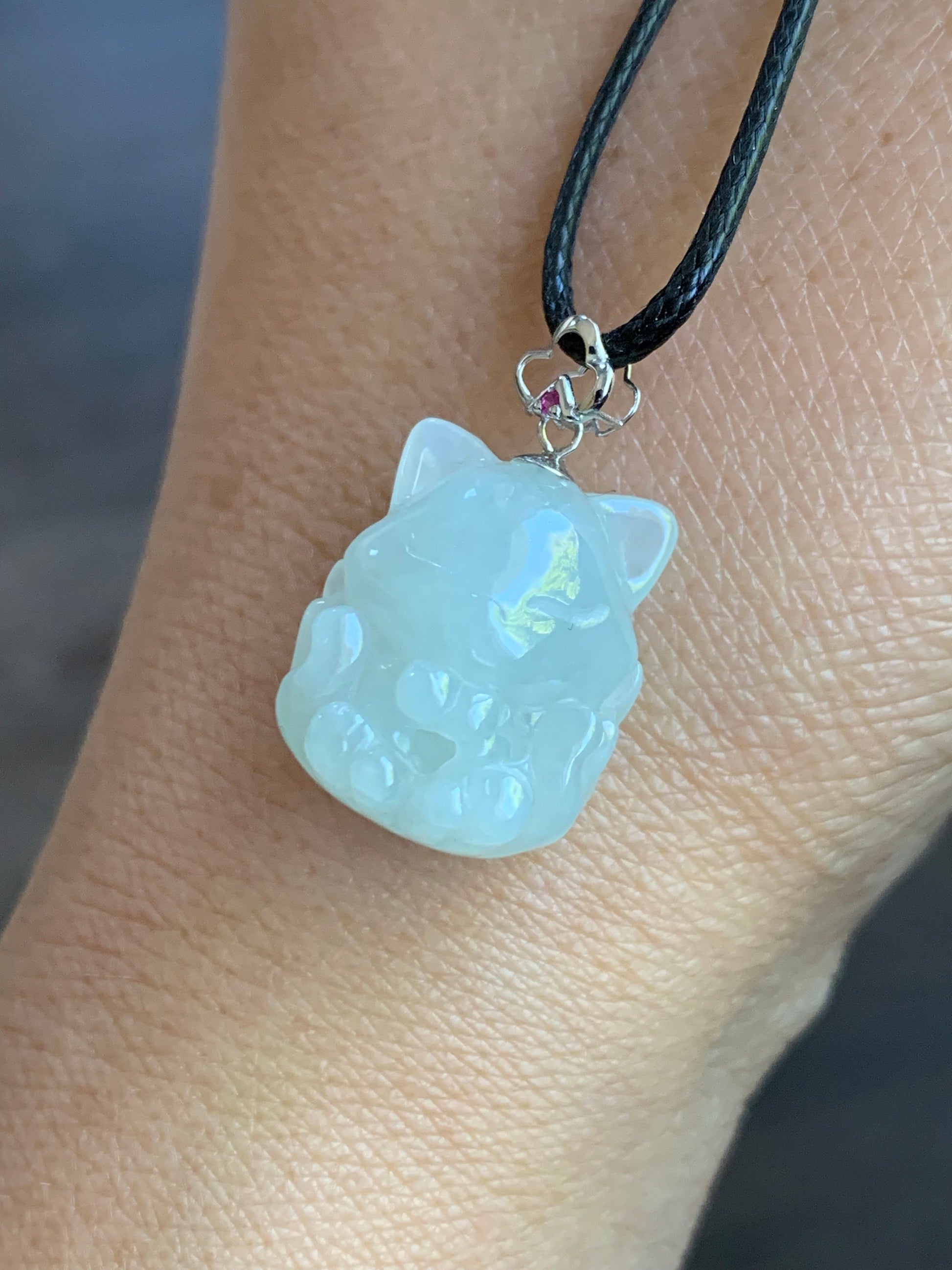 Natural Burmese Icy Translucent White Jadeite 3D Carved Nine-Tailed Fox Pendant 18K White Gold Bail 天然缅甸白冰翡翠九尾狐狸镶嵌吊坠 JWHA