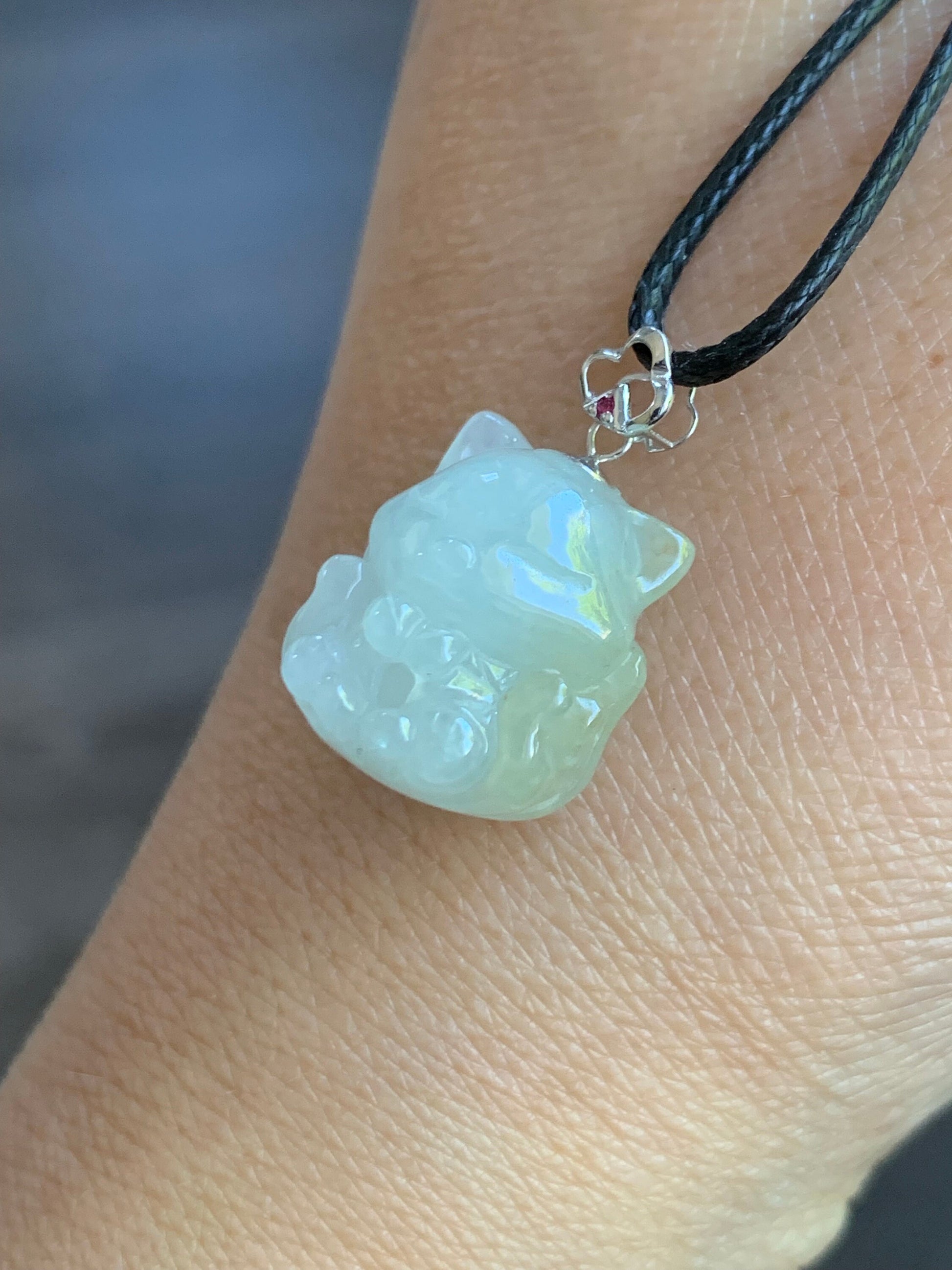 Natural Burmese Icy Translucent White Jadeite w/ Yellow Marbling 3D Carved Nine-Tailed Fox Pendant 18K White Gold Bail 天然缅甸白冰翡翠九尾狐狸镶嵌吊坠 JWHB