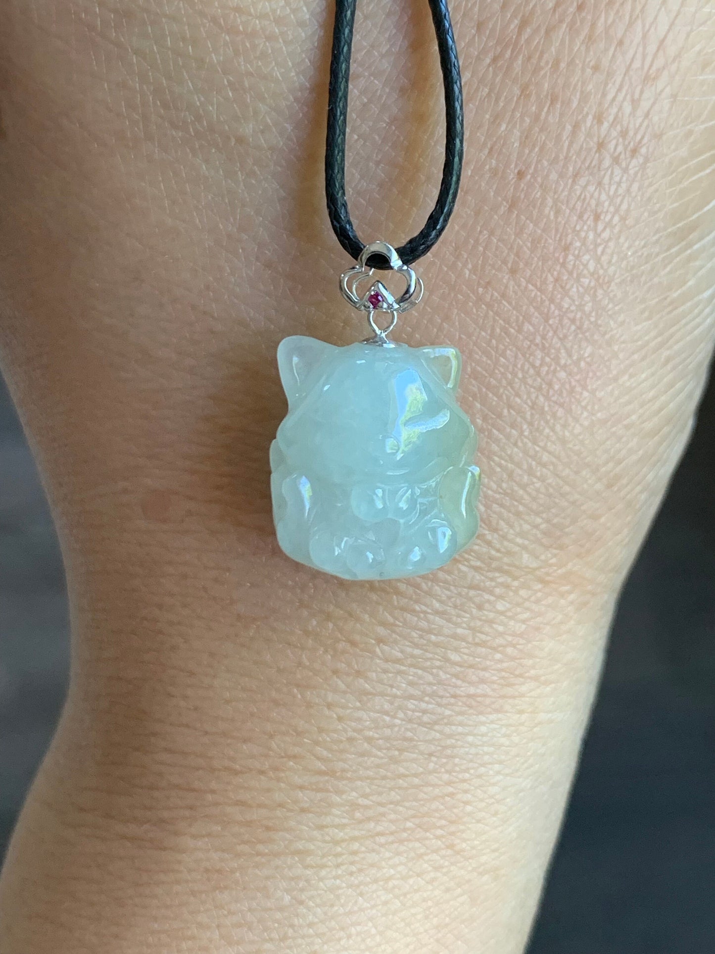 Natural Burmese Icy Translucent White Jadeite w/ Yellow Marbling 3D Carved Nine-Tailed Fox Pendant 18K White Gold Bail 天然缅甸白冰翡翠九尾狐狸镶嵌吊坠 JWHB