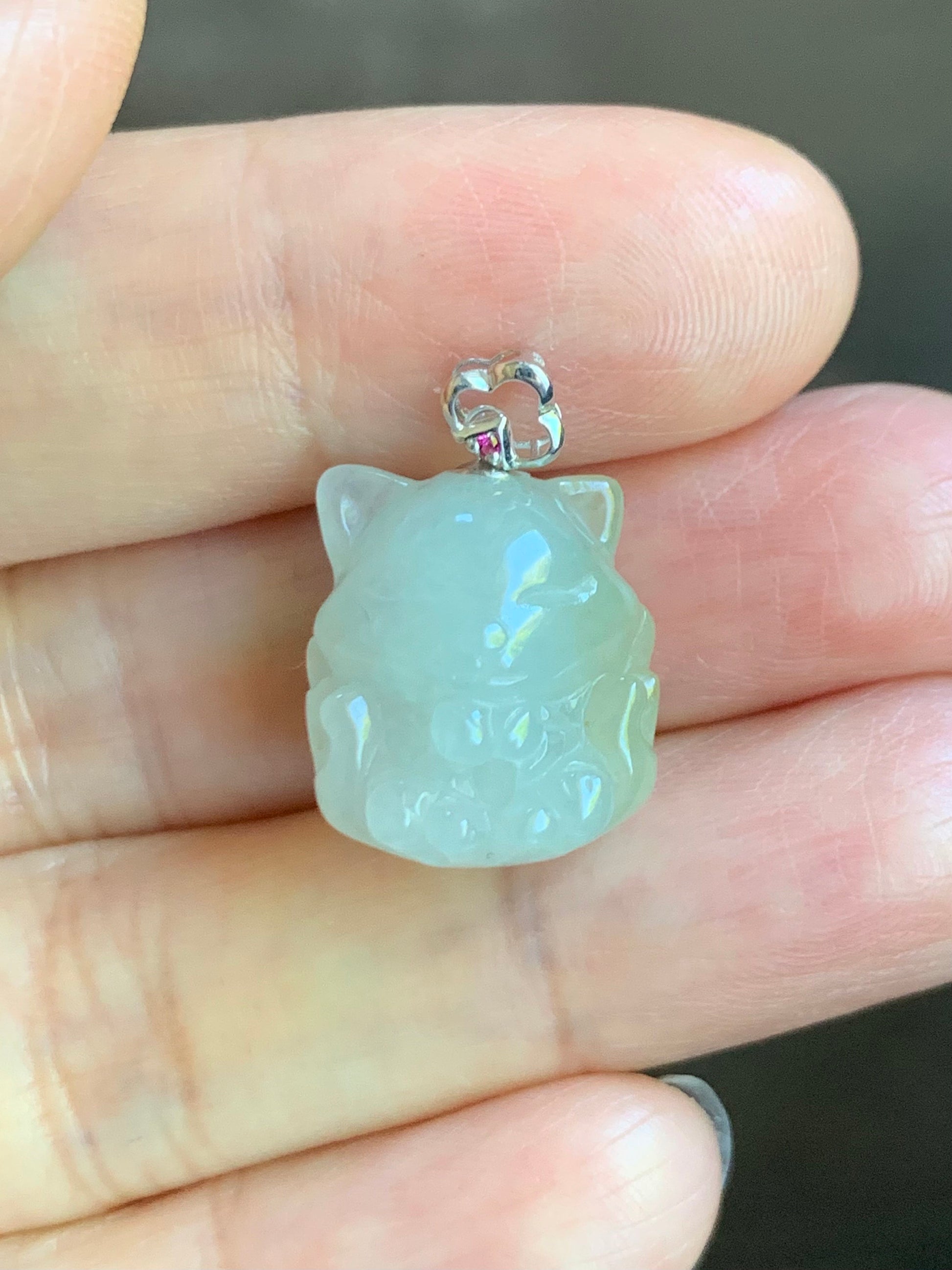 Natural Burmese Icy Translucent White Jadeite w/ Yellow Marbling 3D Carved Nine-Tailed Fox Pendant 18K White Gold Bail 天然缅甸白冰翡翠九尾狐狸镶嵌吊坠 JWHB