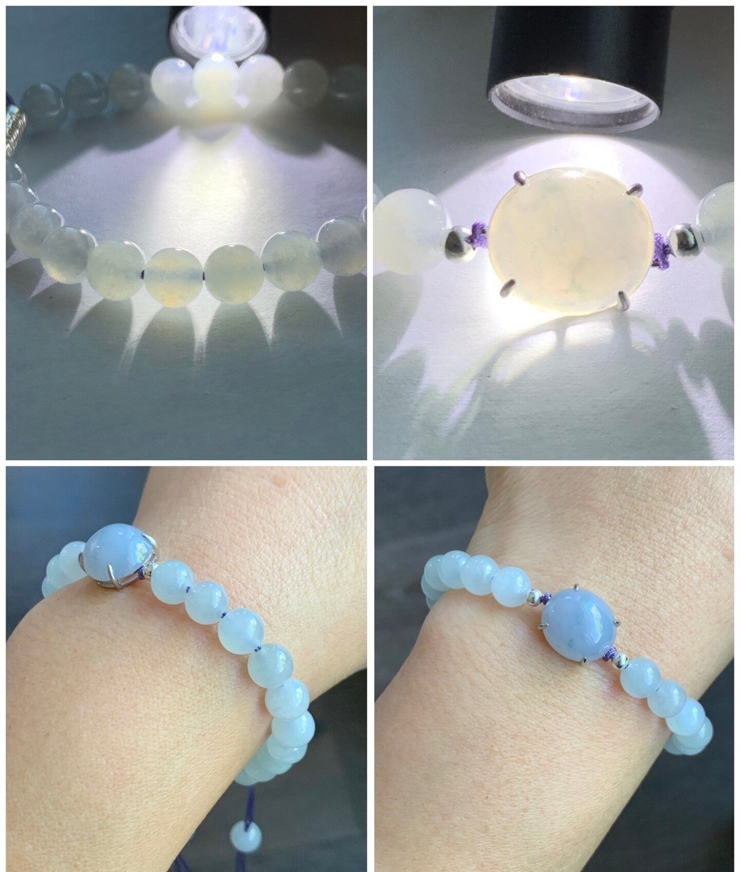 Natural Burmese Icy Translucent Gelatinous Purplish Blue Jadeite Large Cabochon Icy White Beaded Bracelet 6.25” Sterling Silver 天然缅甸冰蓝紫翡翠手串