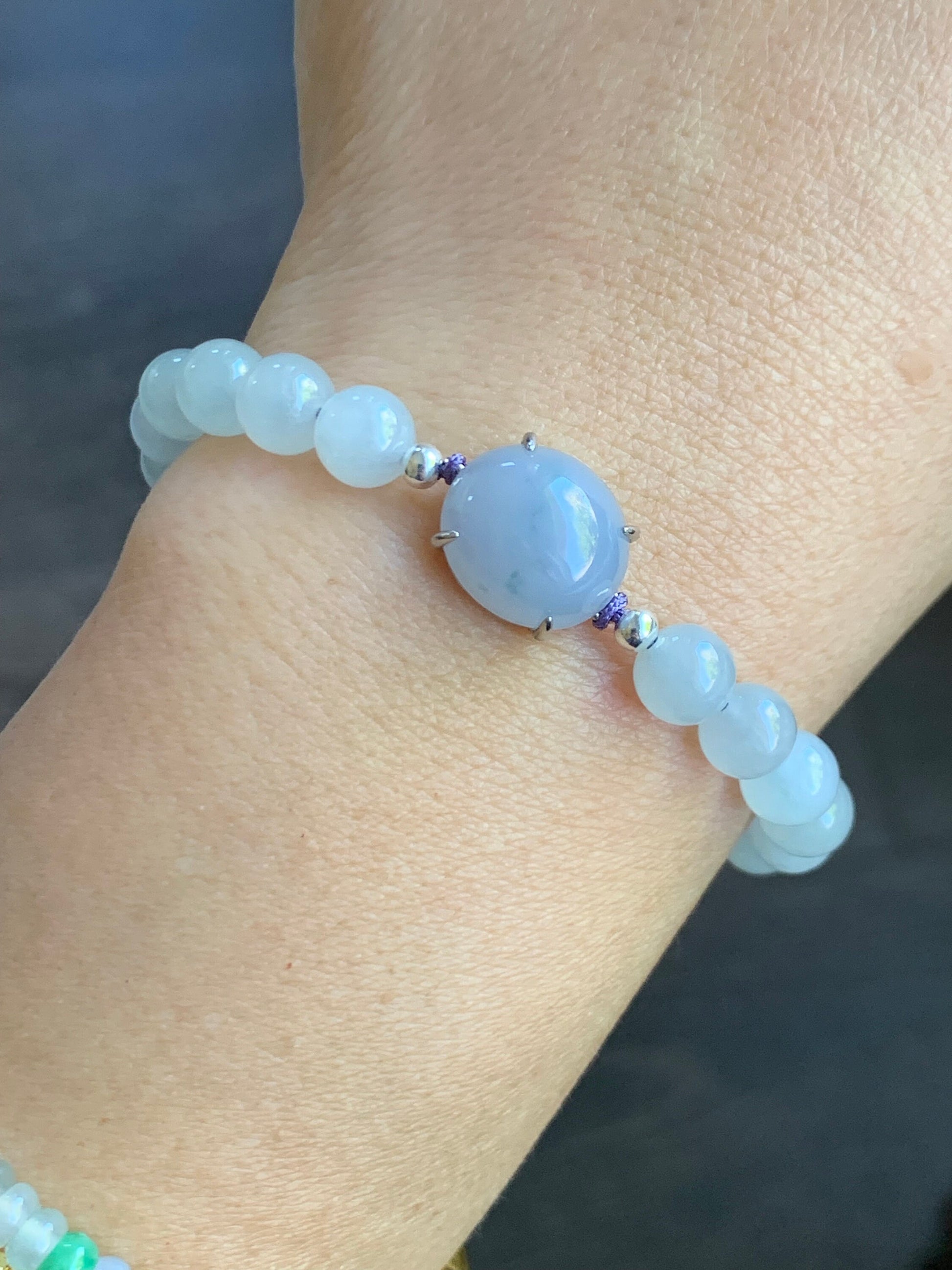 Natural Burmese Icy Translucent Gelatinous Purplish Blue Jadeite Large Cabochon Icy White Beaded Bracelet 6.25” Sterling Silver 天然缅甸冰蓝紫翡翠手串