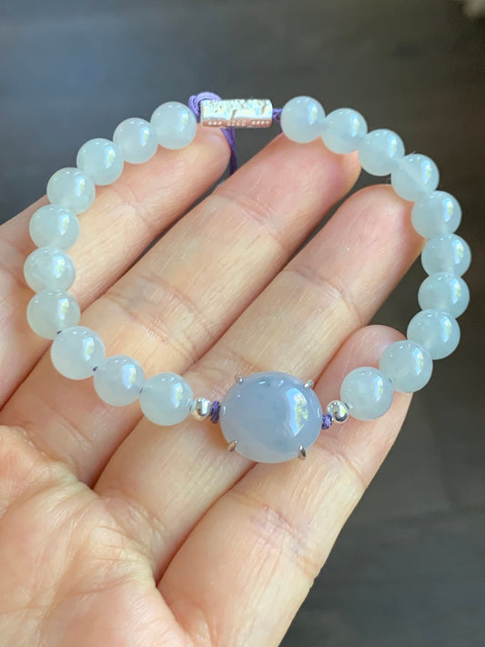 Natural Burmese Icy Translucent Gelatinous Purplish Blue Jadeite Large Cabochon Icy White Beaded Bracelet 6.25” Sterling Silver 天然缅甸冰蓝紫翡翠手串