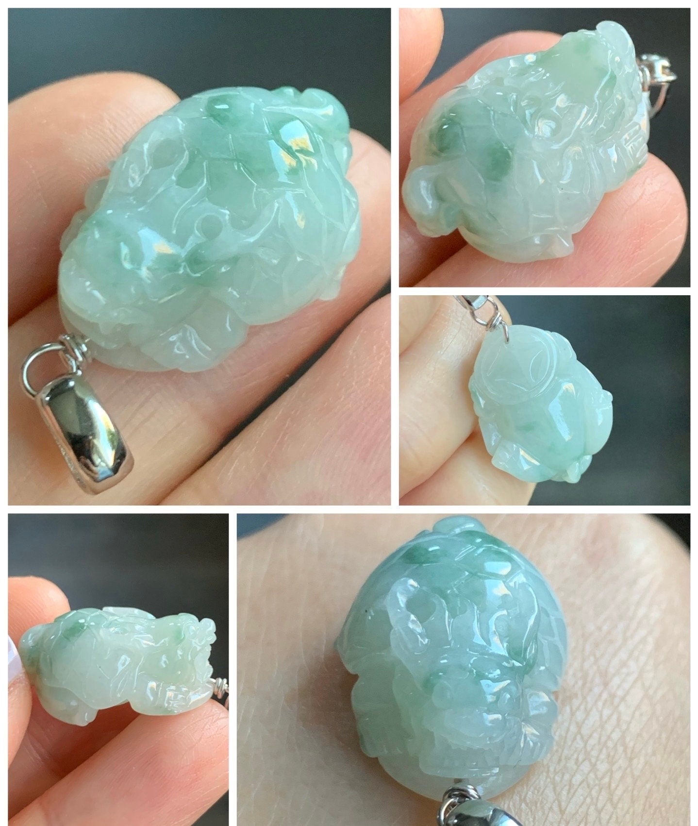 Natural Burmese Icy Translucent Gelatinous Green Marbled Jadeite Dragon Turtle Pendant Sterling Silver 天然缅甸糯冰胶飘花翡翠龙龟吊坠