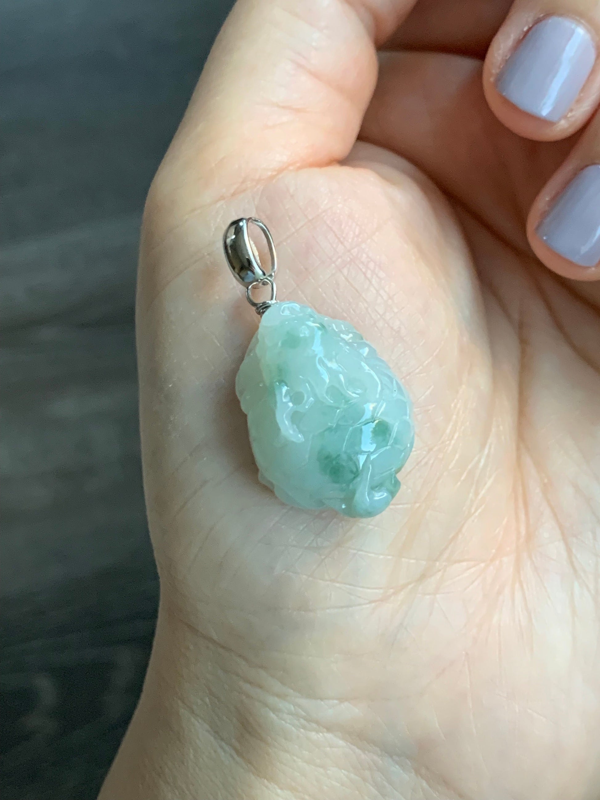 Natural Burmese Icy Translucent Gelatinous Green Marbled Jadeite Dragon Turtle Pendant Sterling Silver 天然缅甸糯冰胶飘花翡翠龙龟吊坠