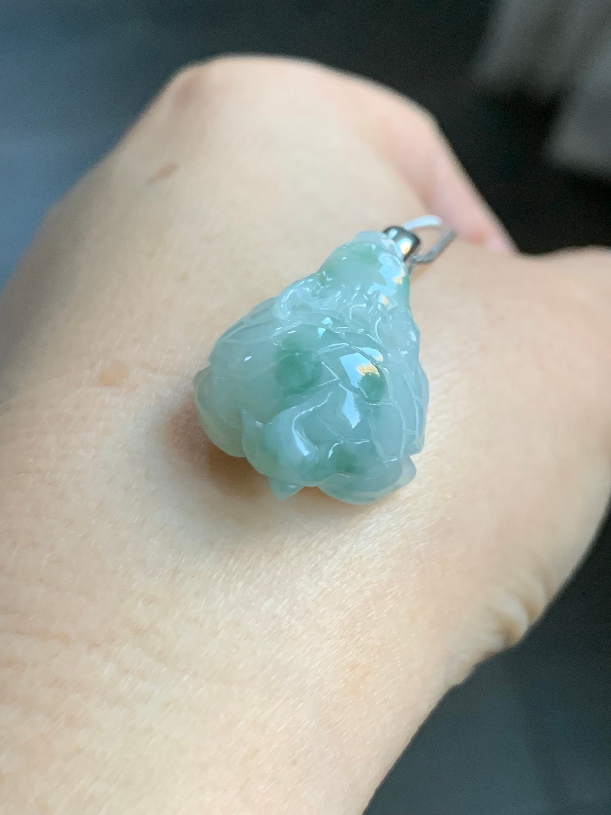 Natural Burmese Icy Translucent Gelatinous Green Marbled Jadeite Dragon Turtle Pendant Sterling Silver 天然缅甸糯冰胶飘花翡翠龙龟吊坠