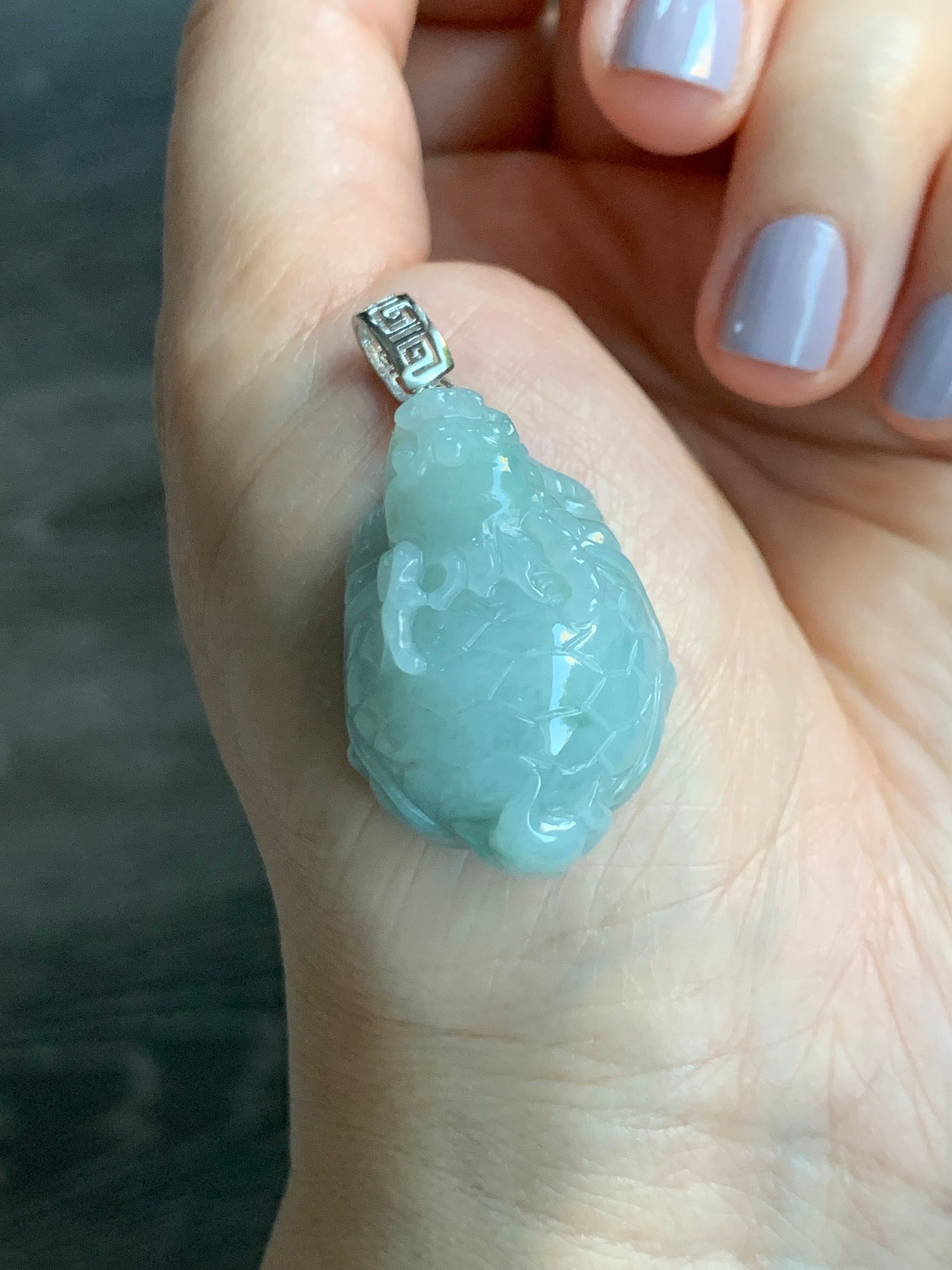 Natural Burmese Icy Translucent Gelatinous Light Green Jadeite Dragon Turtle Pendant Sterling Silver 天然缅甸糯冰胶晴色翡翠龙龟吊坠