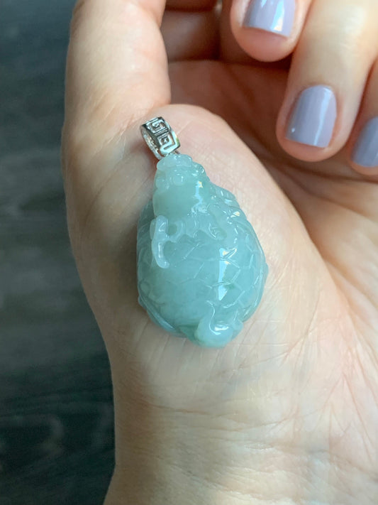 Natural Burmese Icy Translucent Gelatinous Light Green Jadeite Dragon Turtle Pendant Sterling Silver 天然缅甸糯冰胶晴色翡翠龙龟吊坠