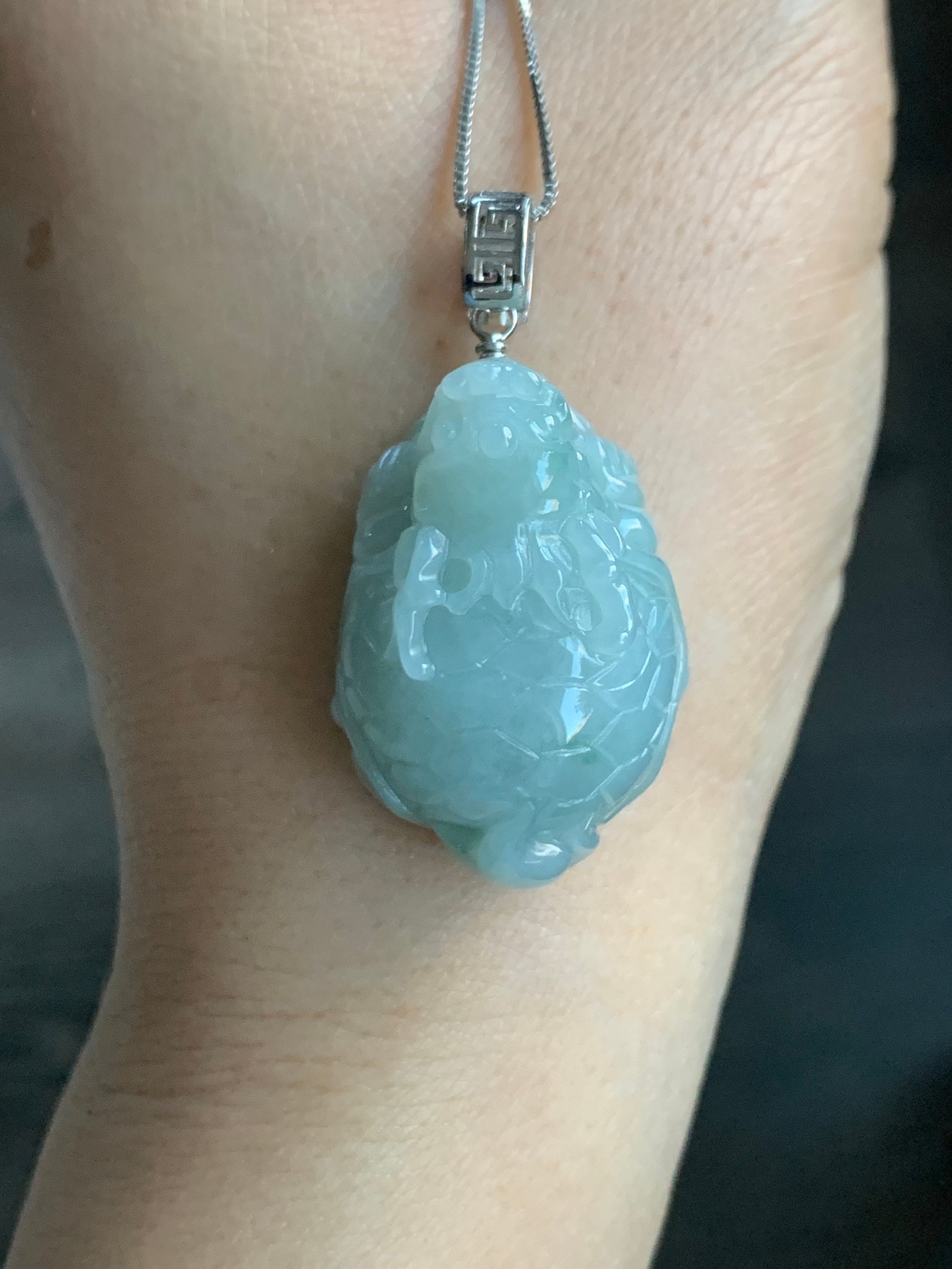 Natural Burmese Icy Translucent Gelatinous Light Green Jadeite Dragon Turtle Pendant Sterling Silver 天然缅甸糯冰胶晴色翡翠龙龟吊坠