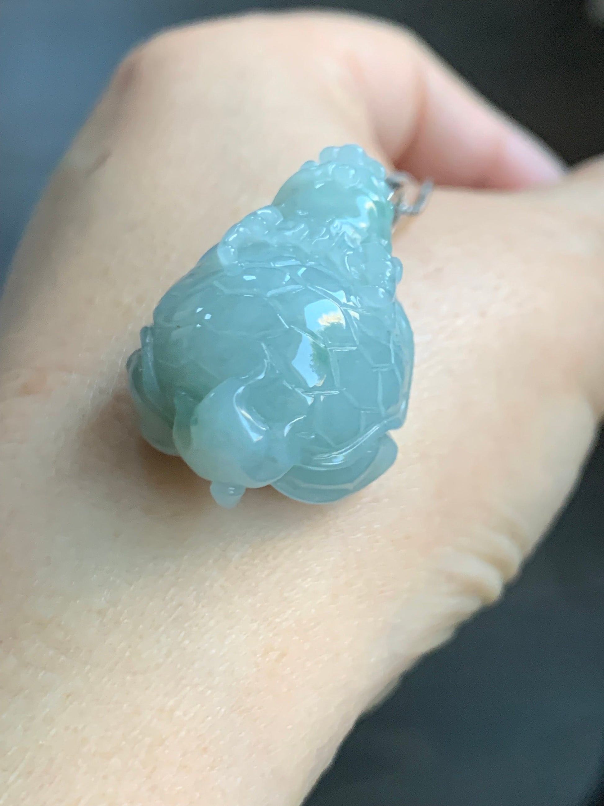 Natural Burmese Icy Translucent Gelatinous Light Green Jadeite Dragon Turtle Pendant Sterling Silver 天然缅甸糯冰胶晴色翡翠龙龟吊坠