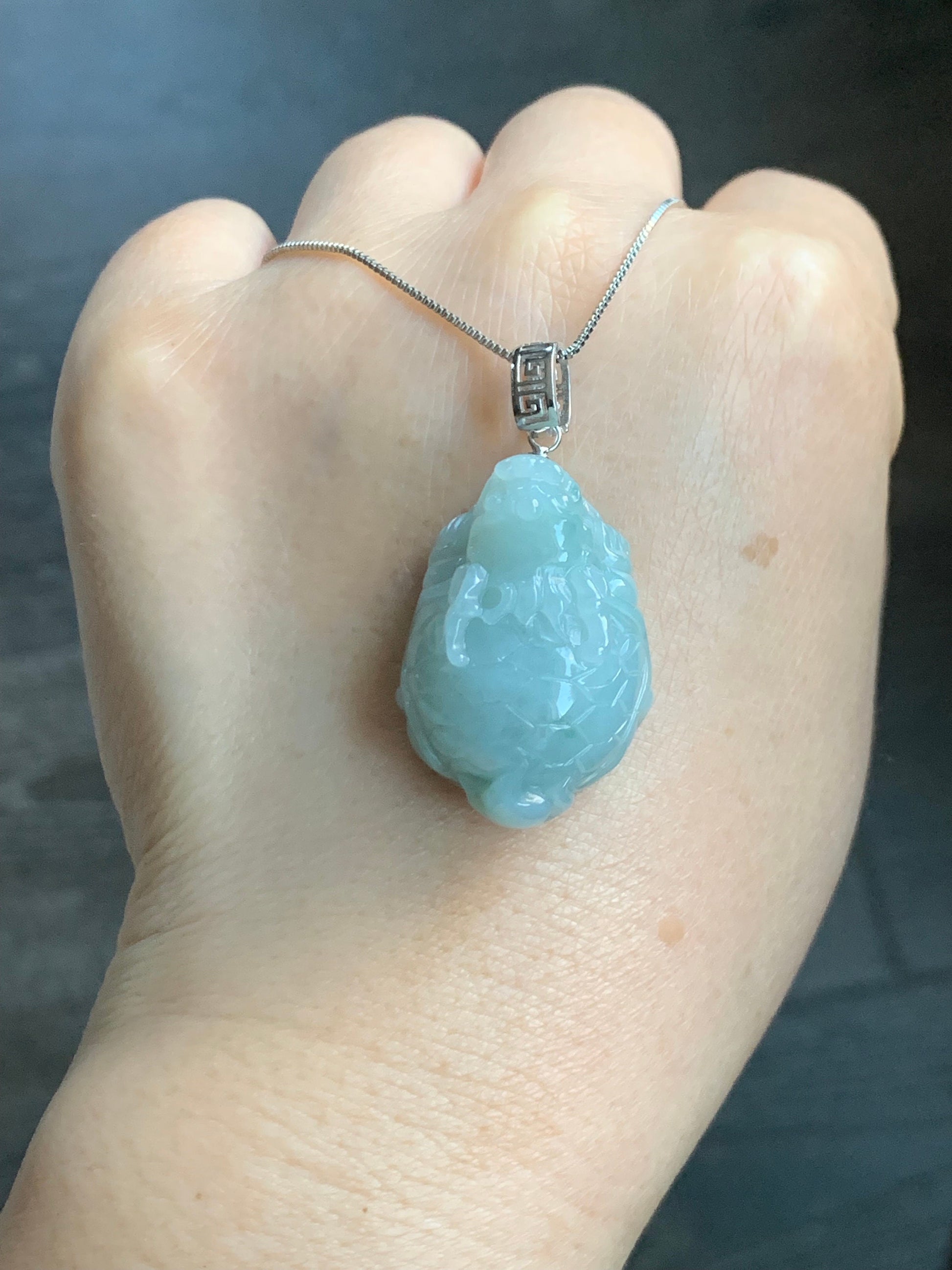 Natural Burmese Icy Translucent Gelatinous Light Green Jadeite Dragon Turtle Pendant Sterling Silver 天然缅甸糯冰胶晴色翡翠龙龟吊坠