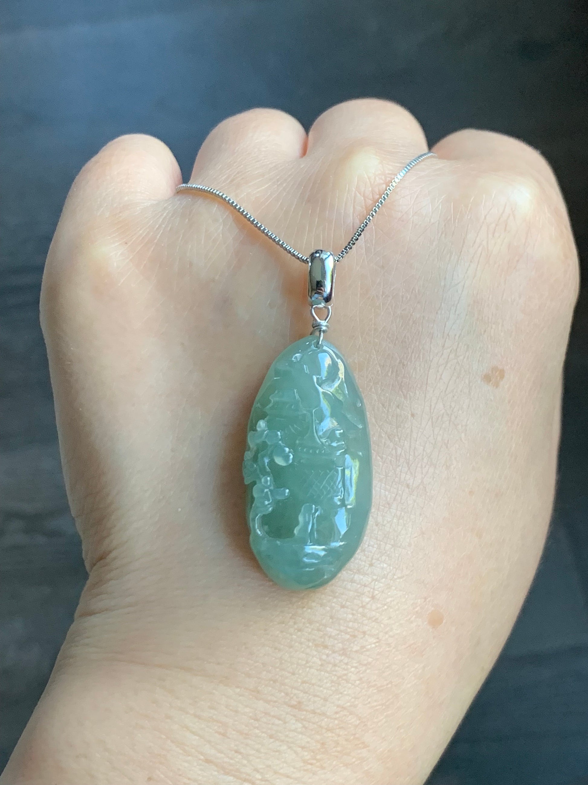 Natural Burmese Icy Translucent Gelatinous Dusty Green Jadeite Shan Shui Pai Landscape Scenery Pendant Sterling Silver 天然缅甸冰晴绿翡翠精工雕山水牌吊坠
