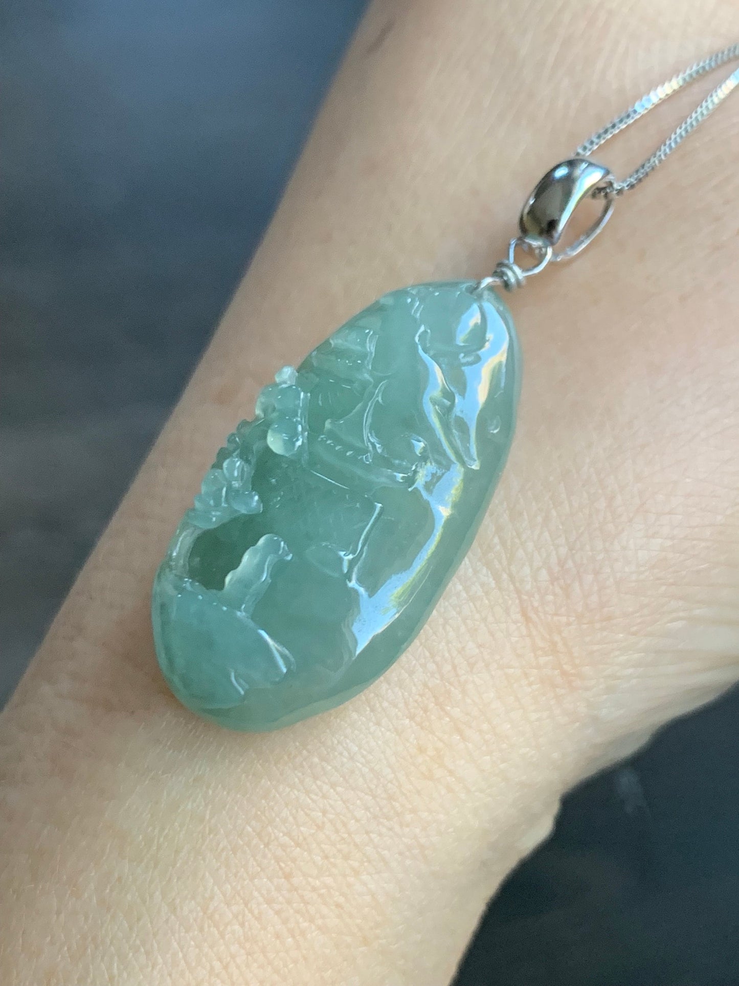 Natural Burmese Icy Translucent Gelatinous Dusty Green Jadeite Shan Shui Pai Landscape Scenery Pendant Sterling Silver 天然缅甸冰晴绿翡翠精工雕山水牌吊坠