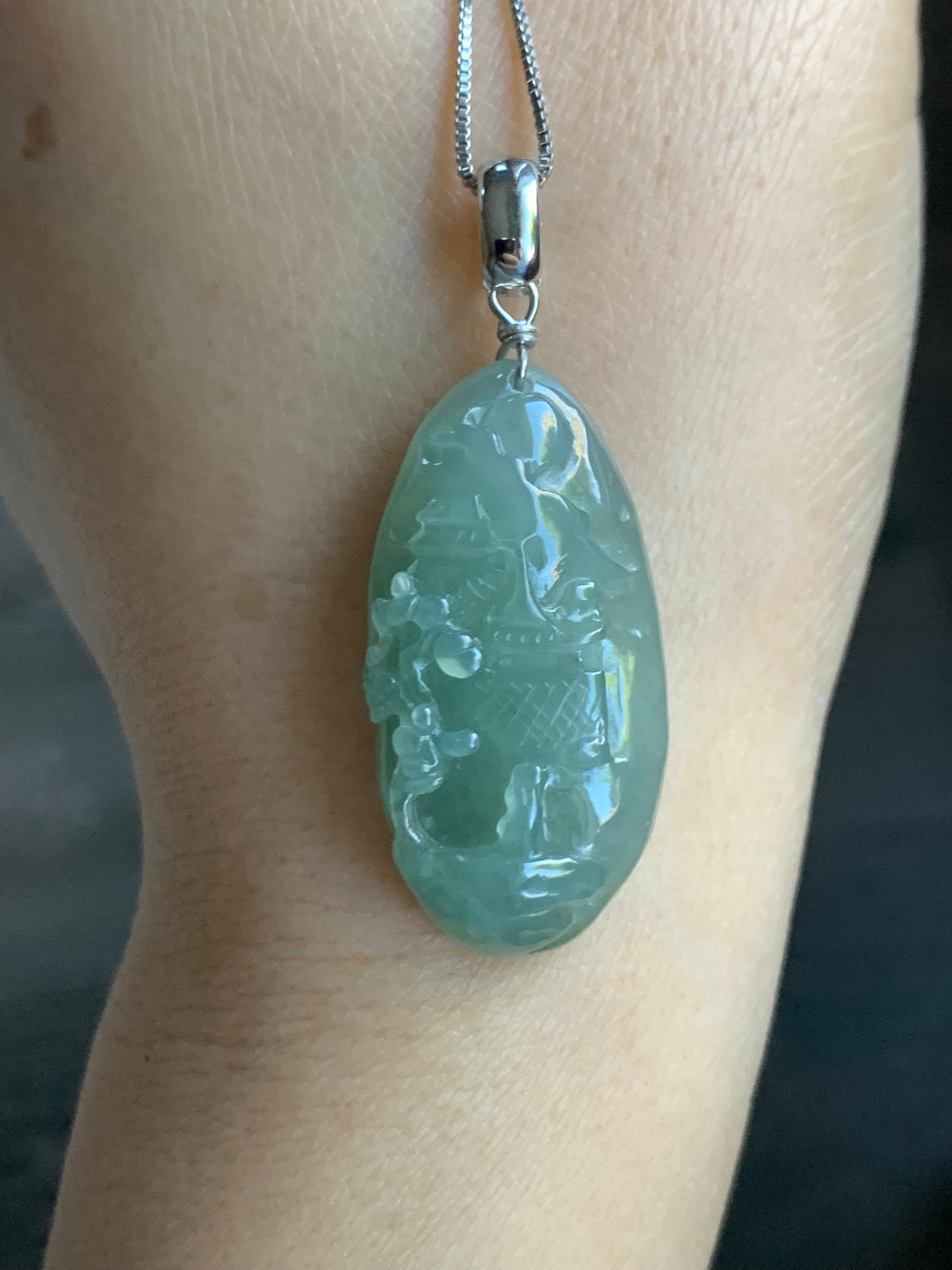 Natural Burmese Icy Translucent Gelatinous Dusty Green Jadeite Shan Shui Pai Landscape Scenery Pendant Sterling Silver 天然缅甸冰晴绿翡翠精工雕山水牌吊坠
