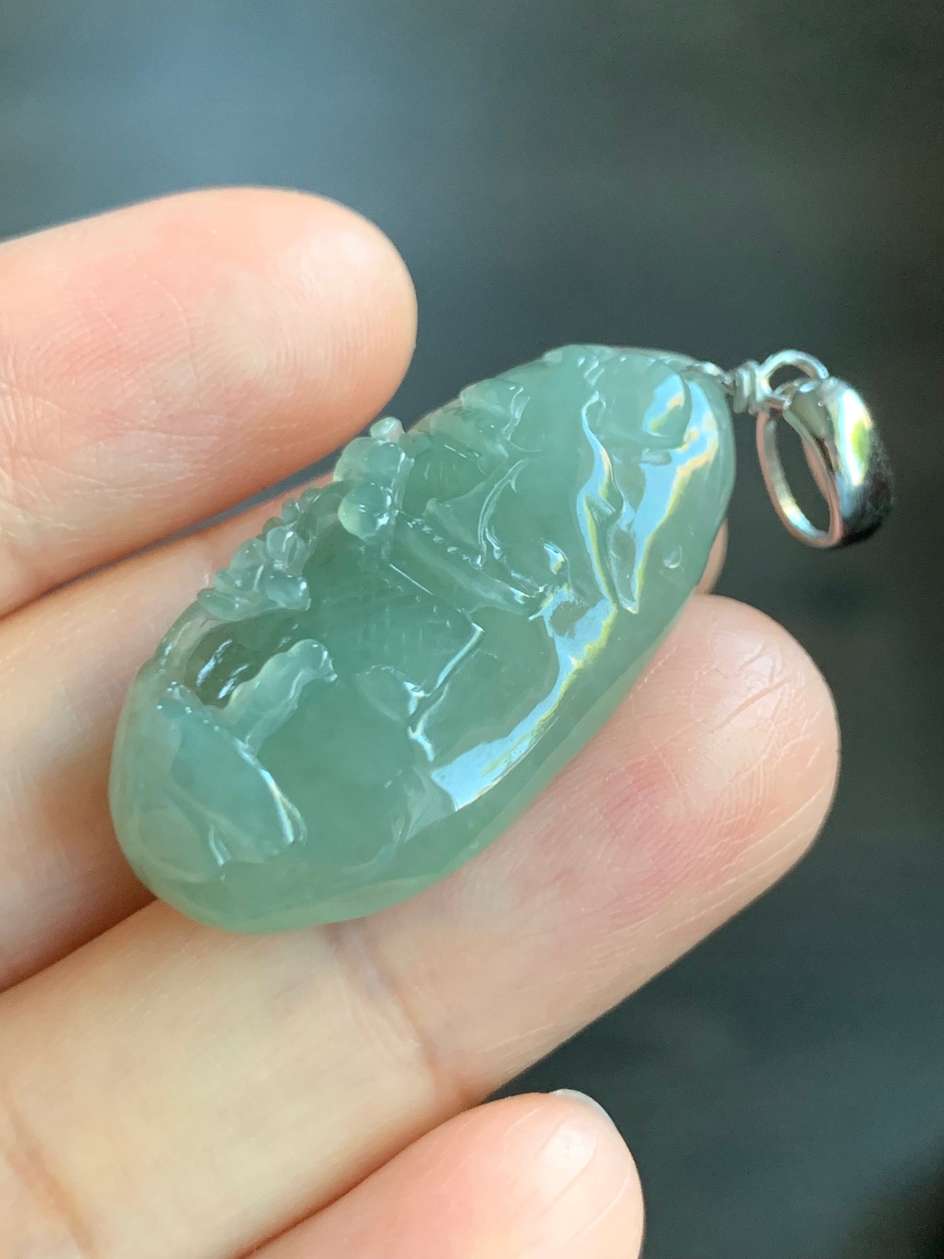 Natural Burmese Icy Translucent Gelatinous Dusty Green Jadeite Shan Shui Pai Landscape Scenery Pendant Sterling Silver 天然缅甸冰晴绿翡翠精工雕山水牌吊坠