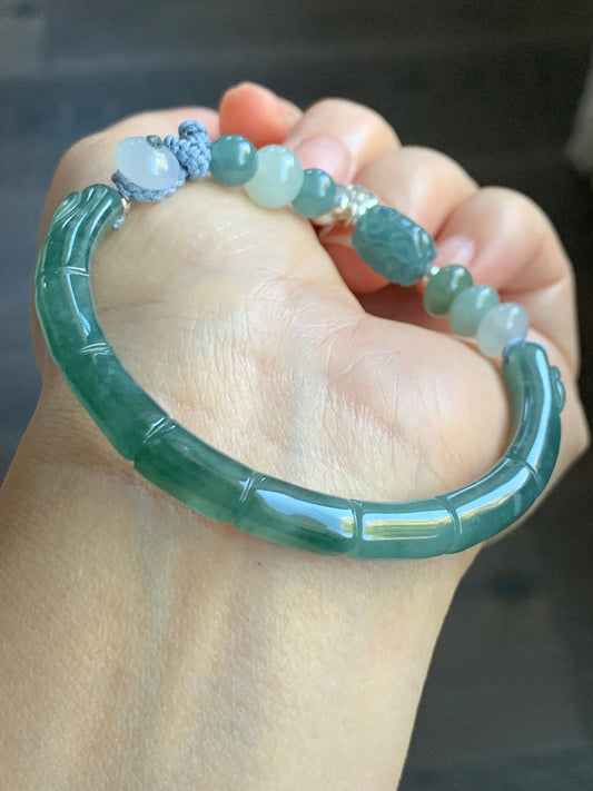 Natural Guatemalan Icy Highly Translucent Teal Blue Jadeite Open Bangle Bracelet w/ Beaded Security Chain Sterling Silver 天然冰胶危湖水绿翡翠开口镯多宝珠链