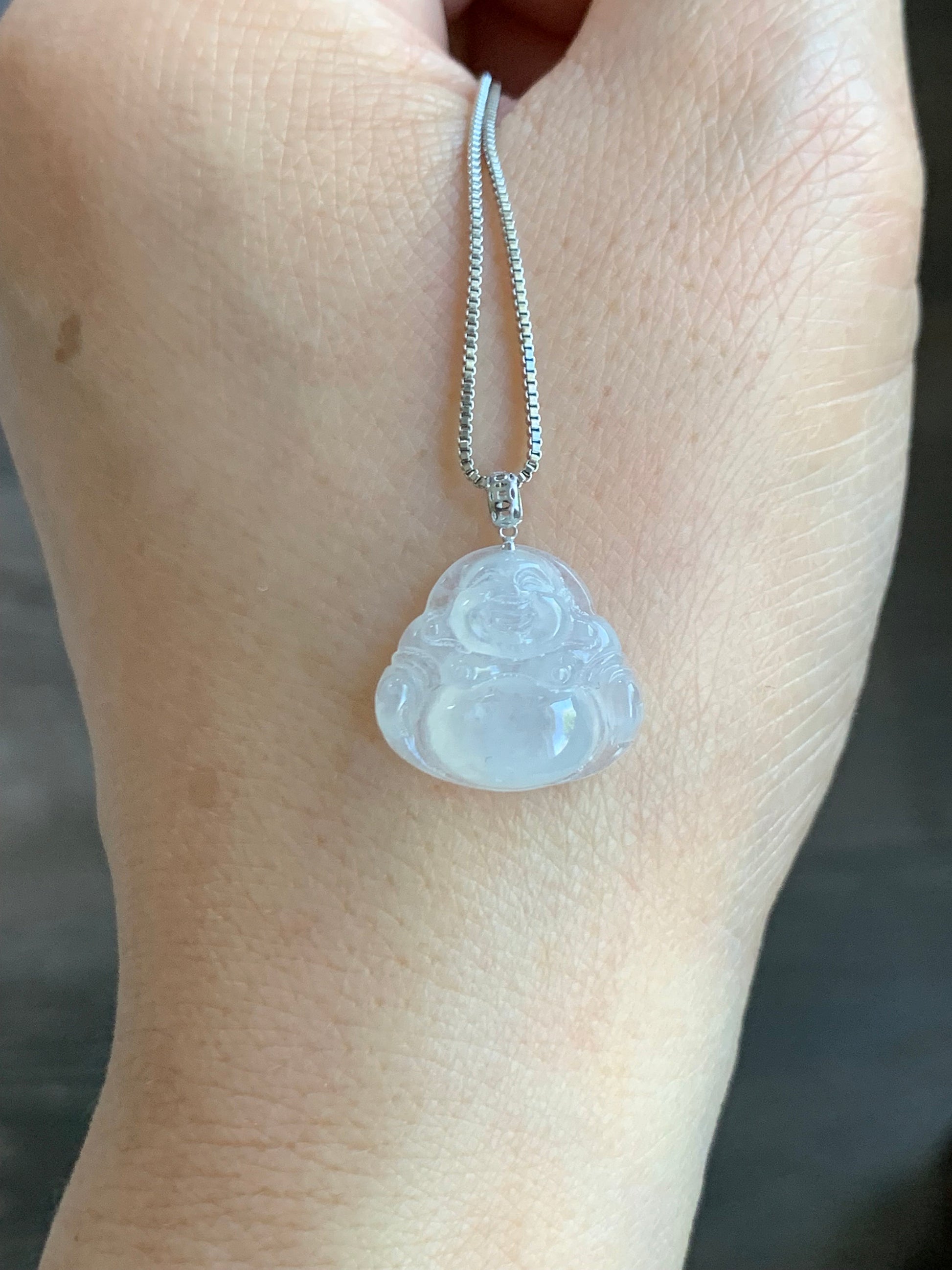 Petite Natural Burmese Icy Translucent Gelatinous White Jadeite Buddha Pendant 18K White Gold 天然缅甸白冰翡翠佛公镶嵌吊坠 SJT42C