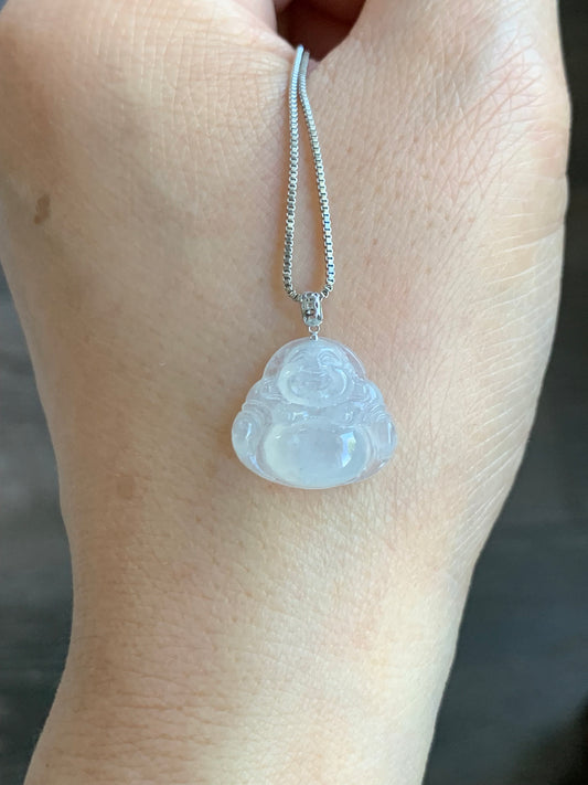 Petite Natural Burmese Icy Translucent Gelatinous White Jadeite Buddha Pendant 18K White Gold 天然缅甸白冰翡翠佛公镶嵌吊坠 SJT42C