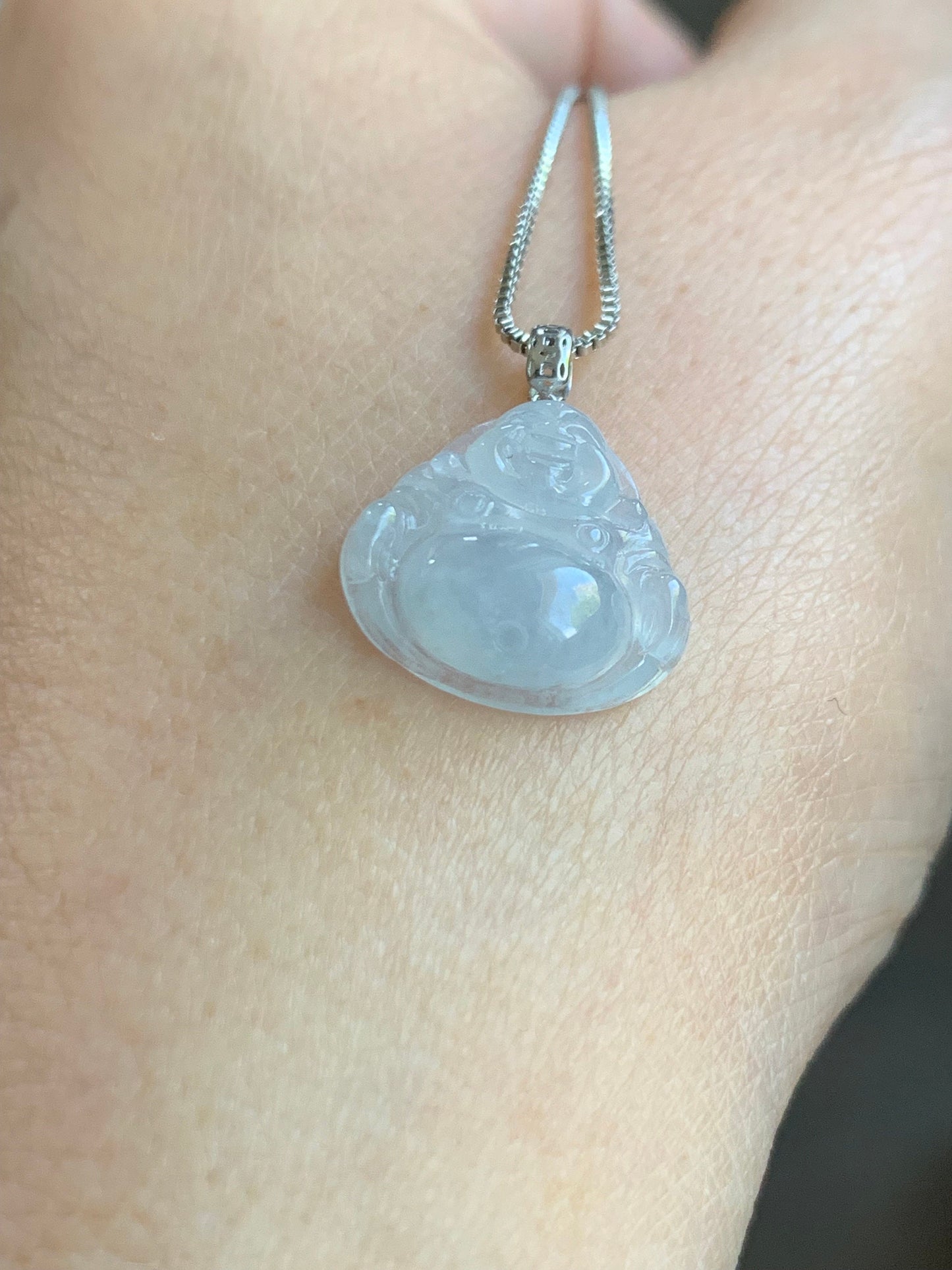 Petite Natural Burmese Icy Translucent Gelatinous White Jadeite Buddha Pendant 18K White Gold 天然缅甸白冰翡翠佛公镶嵌吊坠 SJT42B