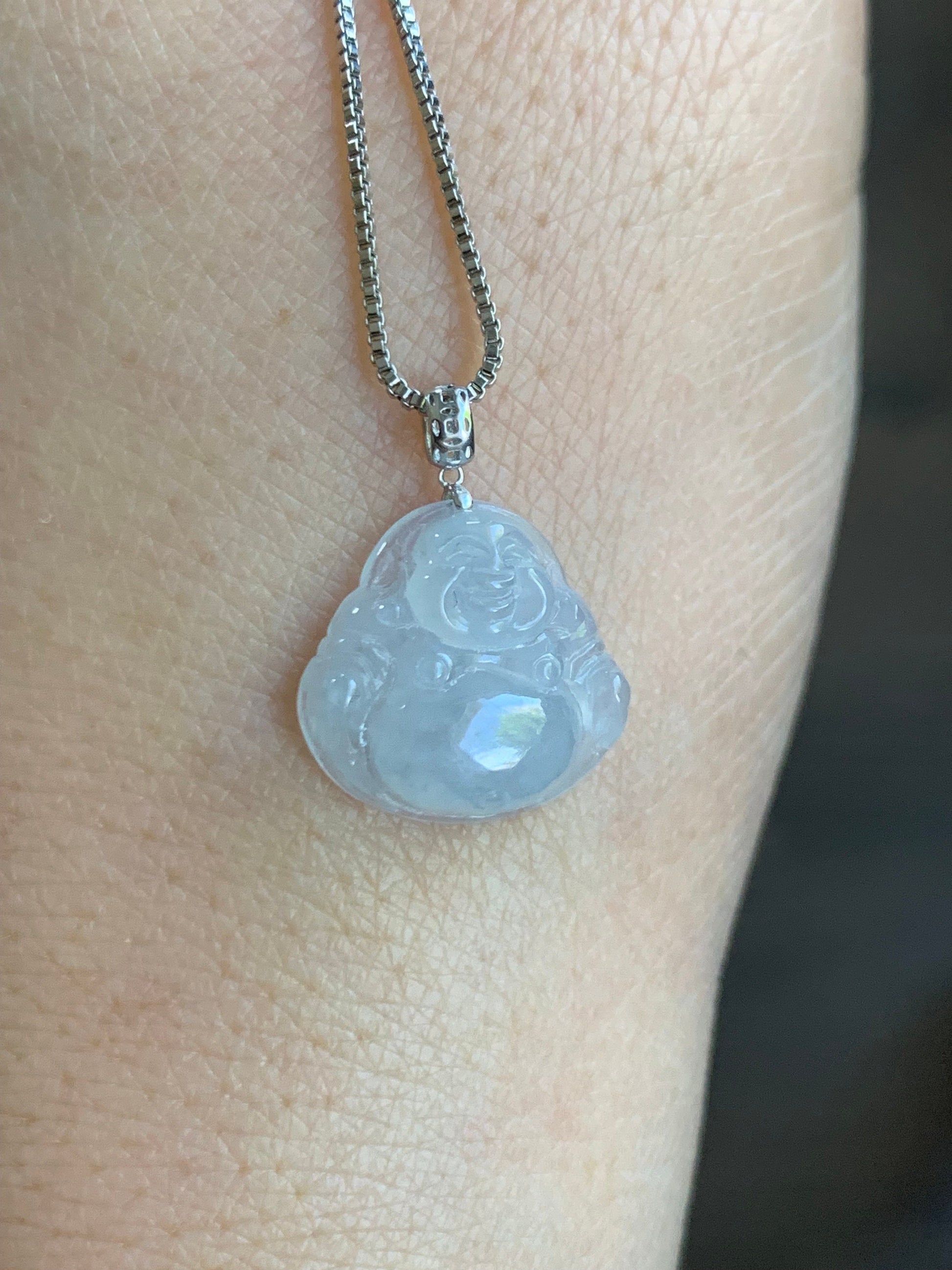 Petite Natural Burmese Icy Translucent Gelatinous White Jadeite Buddha Pendant 18K White Gold 天然缅甸白冰翡翠佛公镶嵌吊坠 SJT42B