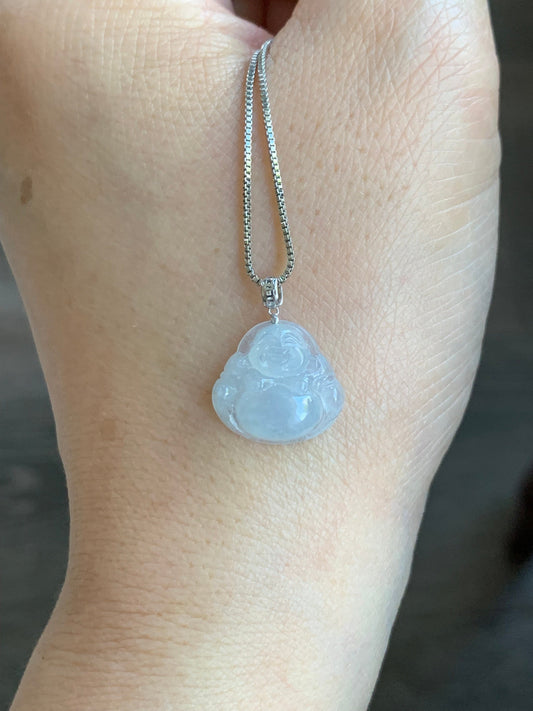 Petite Natural Burmese Icy Translucent Gelatinous White Jadeite Buddha Pendant 18K White Gold 天然缅甸白冰翡翠佛公镶嵌吊坠 SJT42B