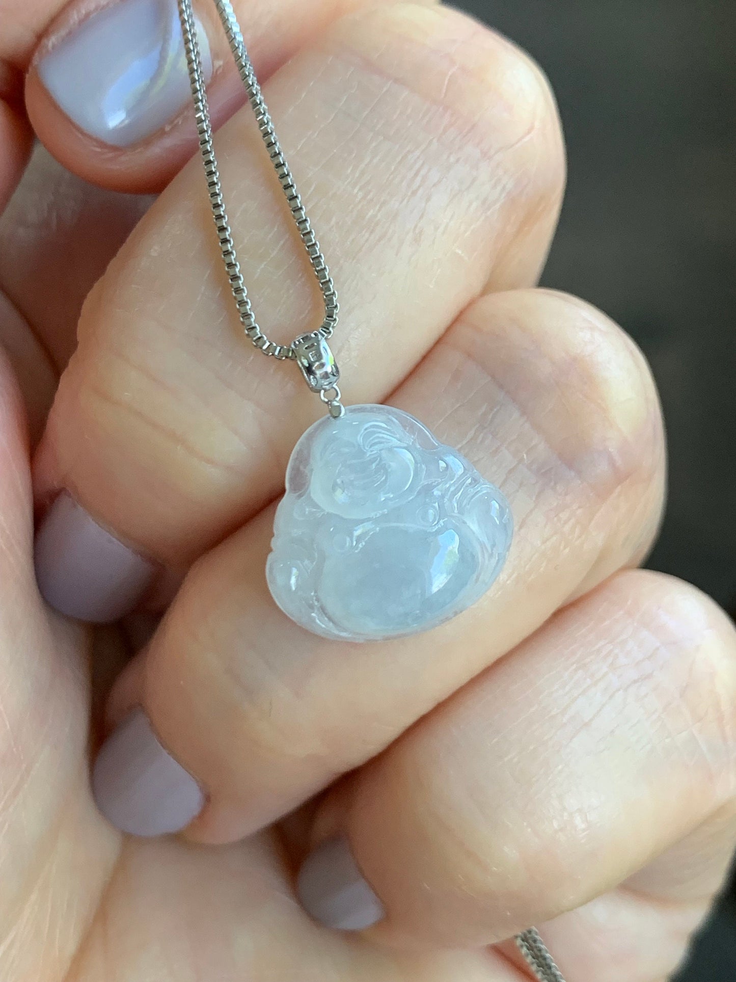 Petite Natural Burmese Icy Translucent Gelatinous White Jadeite Buddha Pendant 18K White Gold 天然缅甸白冰翡翠佛公镶嵌吊坠 SJT42B