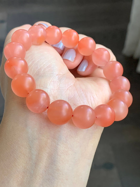 Natural Chinese Yunnan Baoshan Icy Highly Translucent South Red Agate Large Beads Beaded Bracelet Matte Finish 12mm 7.75” 天然云南保山南红冰透玛瑙哑光珠手串