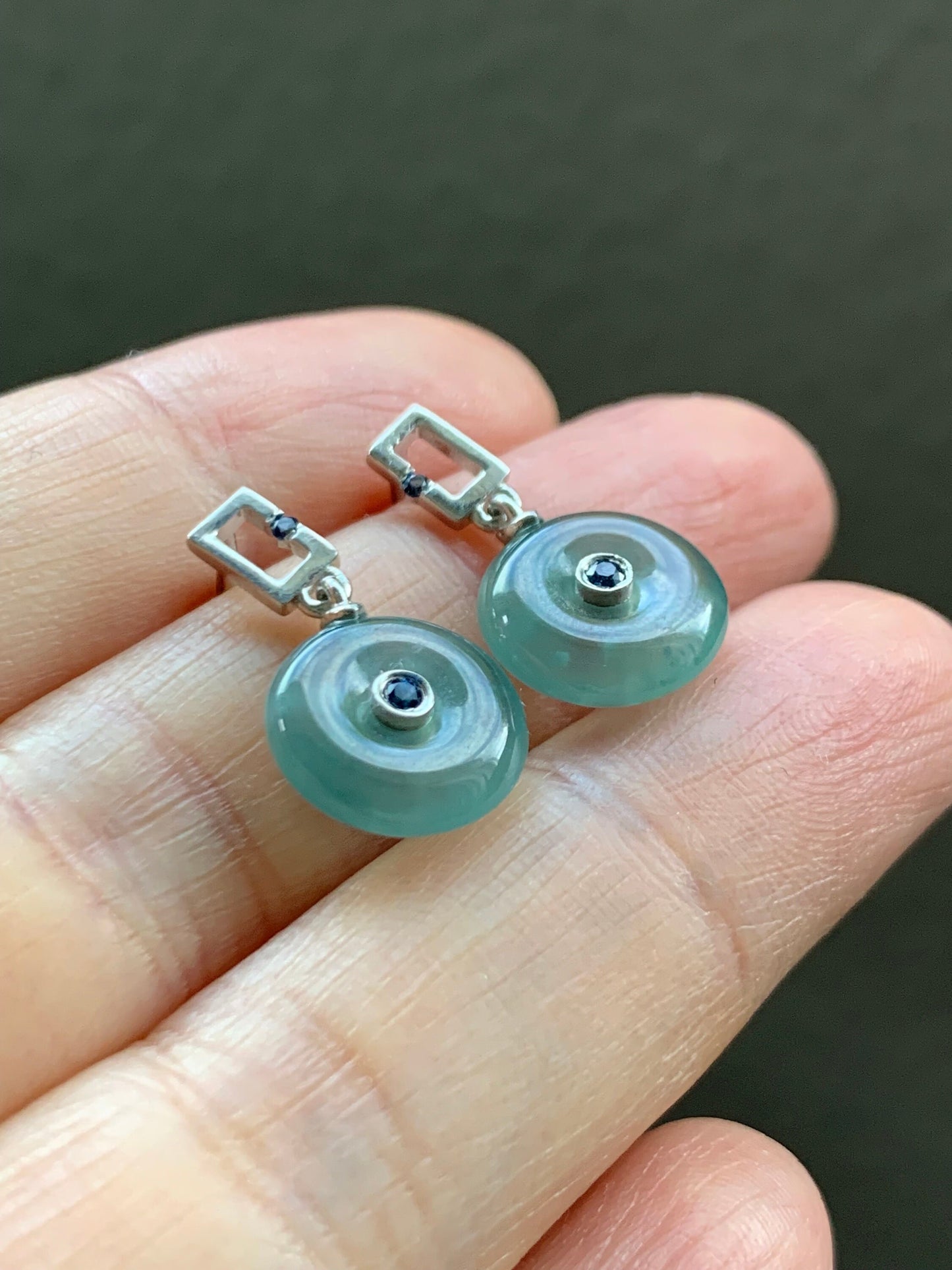 Certified Natural Guatemalan Icy Highly Translucent Light Blue Jadeite Ping An Kou Blue Sapphire Earrings Sterling Silver 天然冰危蓝翡翠篮宝石平安扣耳钉
