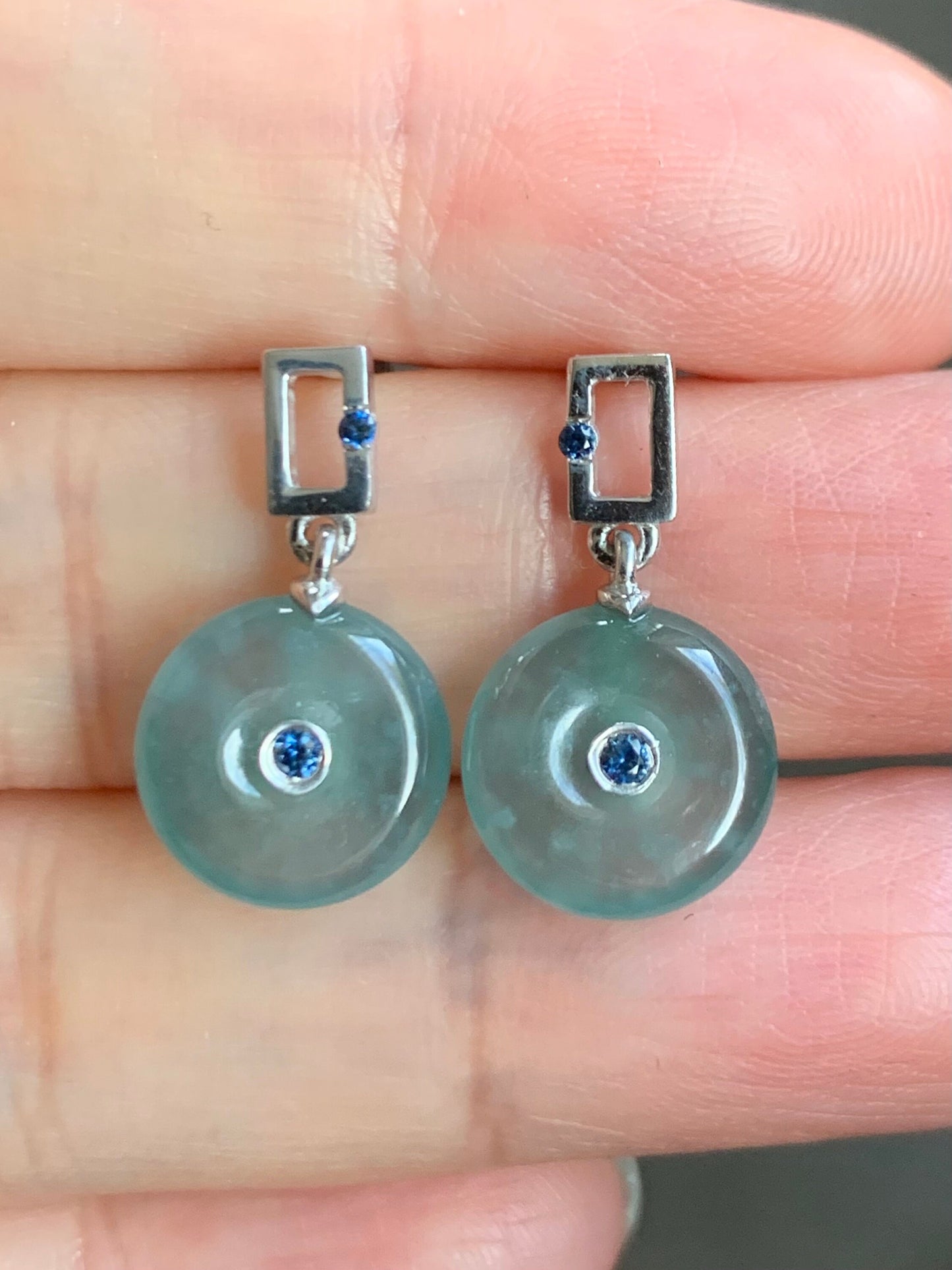 Certified Natural Guatemalan Icy Highly Translucent Light Blue Jadeite Ping An Kou Blue Sapphire Earrings Sterling Silver 天然冰危蓝翡翠篮宝石平安扣耳钉