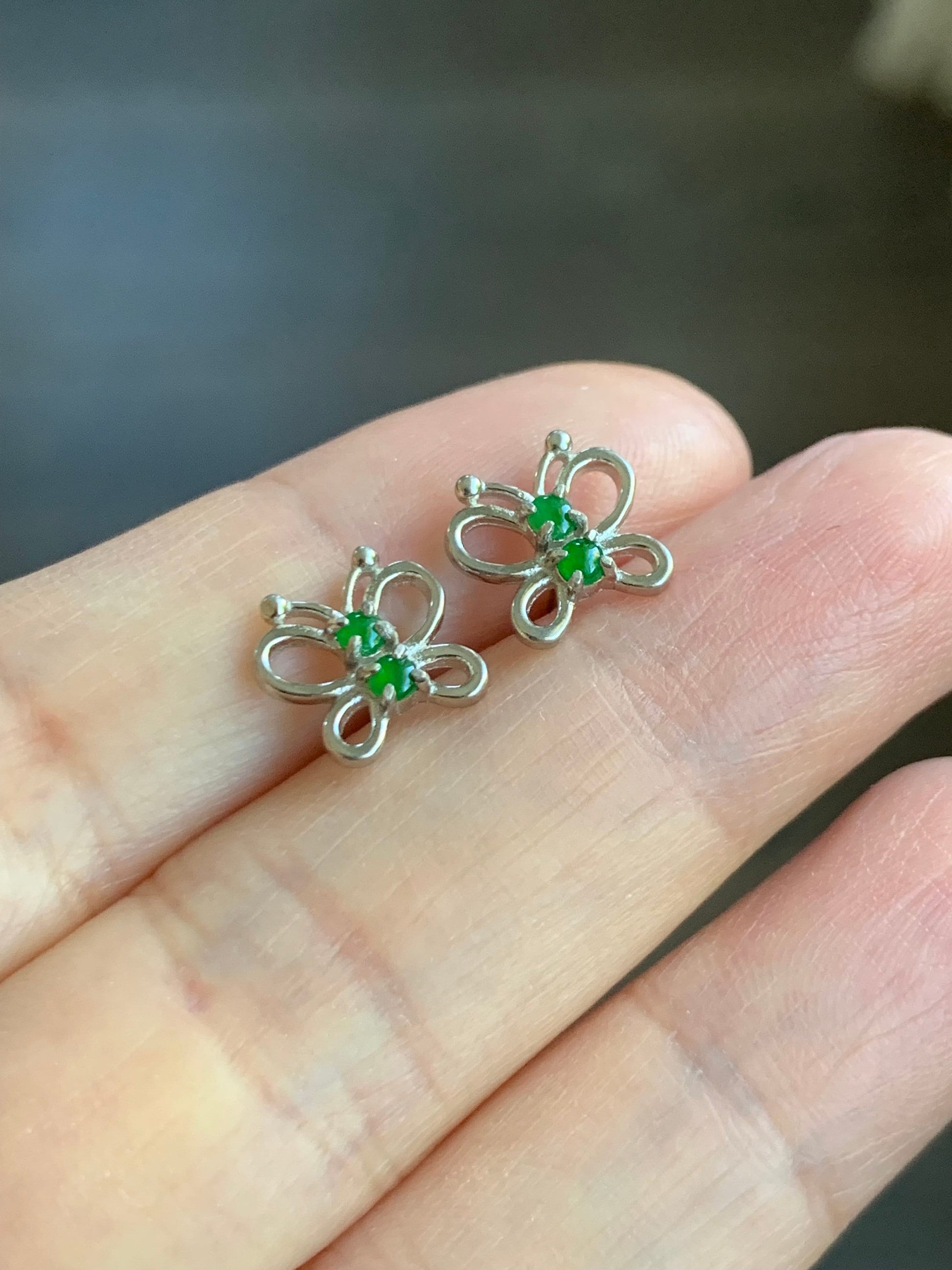 Natural Burmese Icy Translucent Vibrant Green Jadeite Butterfly Stud Earrings S925 Sterling Silver 天然缅甸冰绿翡翠银镶蝴蝶款耳钉