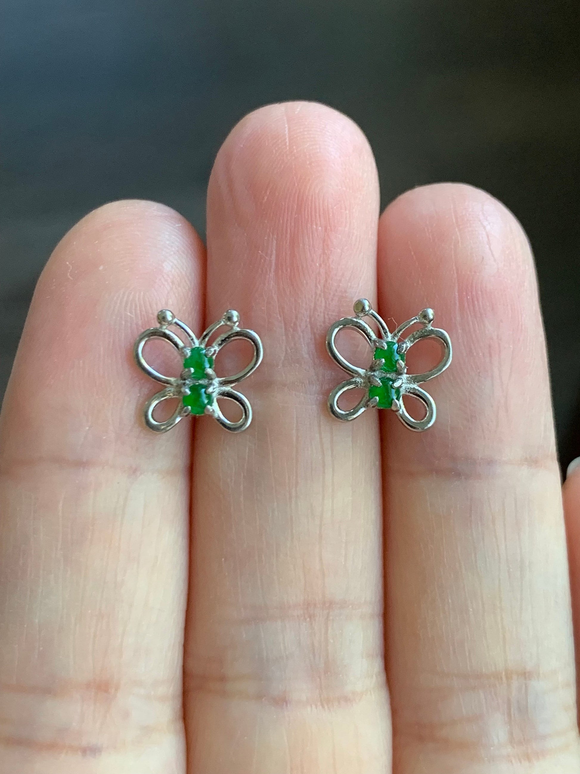Natural Burmese Icy Translucent Vibrant Green Jadeite Butterfly Stud Earrings S925 Sterling Silver 天然缅甸冰绿翡翠银镶蝴蝶款耳钉