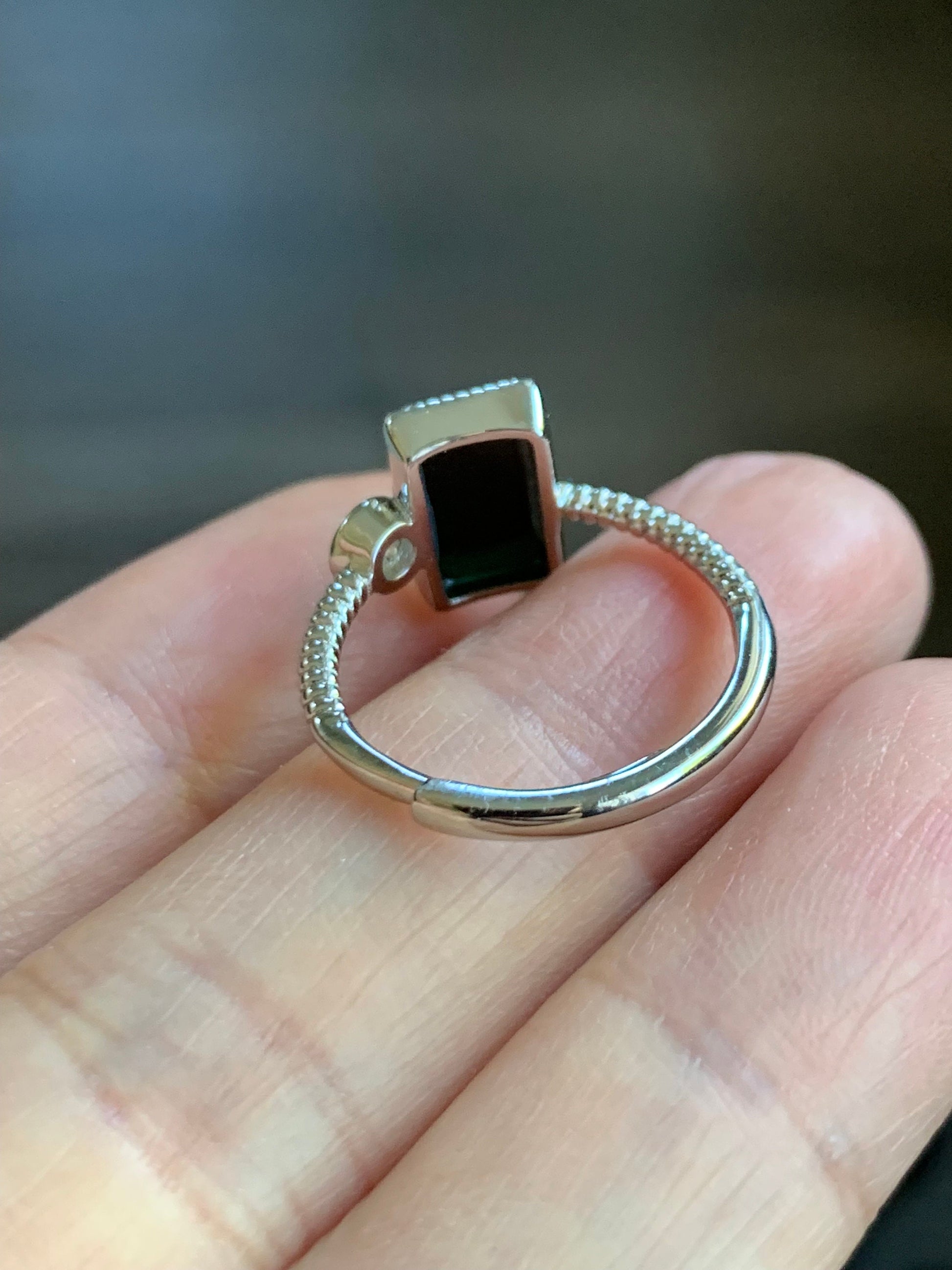 Certified Natural Burmese Icy Translucent Intense Black Jadeite Rectangle Ring S925 Sterling Silver Size Adjustable 天然缅甸墨翠透绿银镶戒指 4969