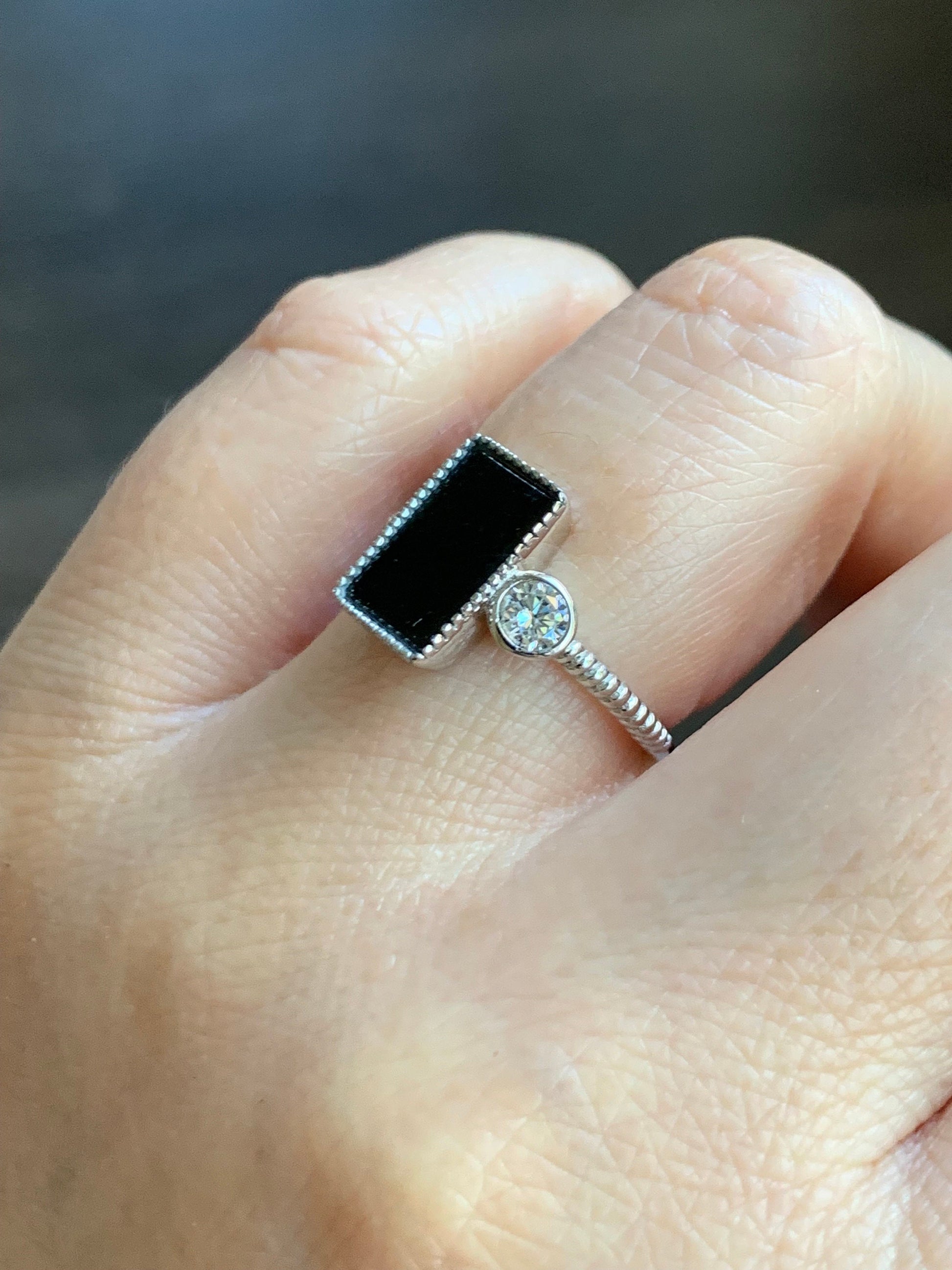 Certified Natural Burmese Icy Translucent Intense Black Jadeite Rectangle Ring S925 Sterling Silver Size Adjustable 天然缅甸墨翠透绿银镶戒指 4969