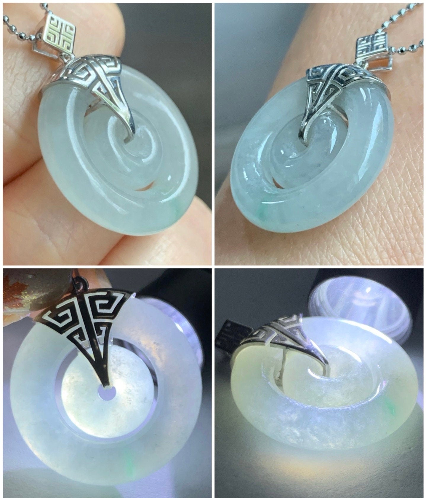 Certified Natural Burmese Icy Translucent White Jadeite w/ Green Marbling Mother-Child Ping An Kou Pendant Sterling Silver 天然缅甸冰飘花翡翠子母扣吊坠