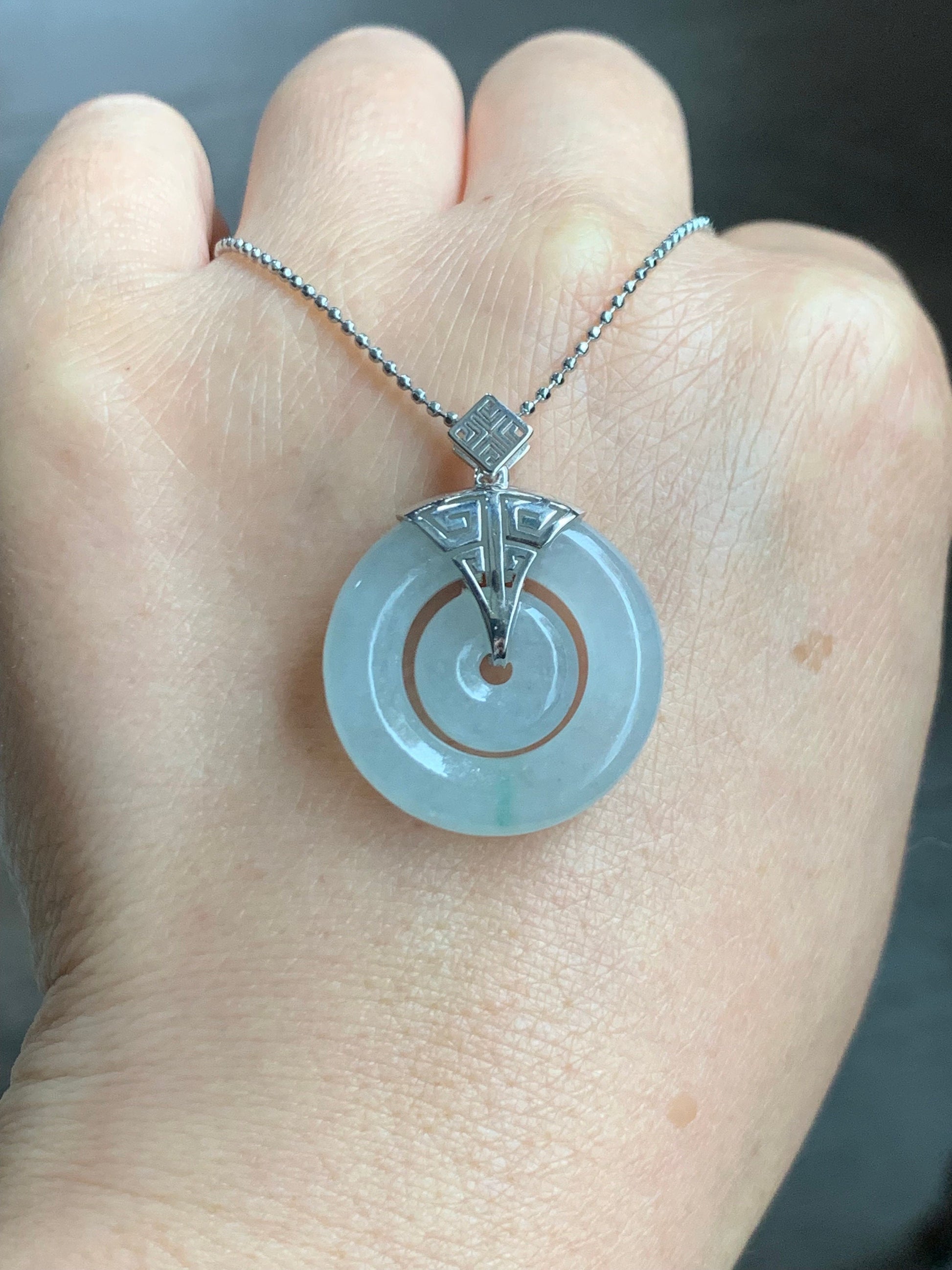 Certified Natural Burmese Icy Translucent White Jadeite w/ Green Marbling Mother-Child Ping An Kou Pendant Sterling Silver 天然缅甸冰飘花翡翠子母扣吊坠
