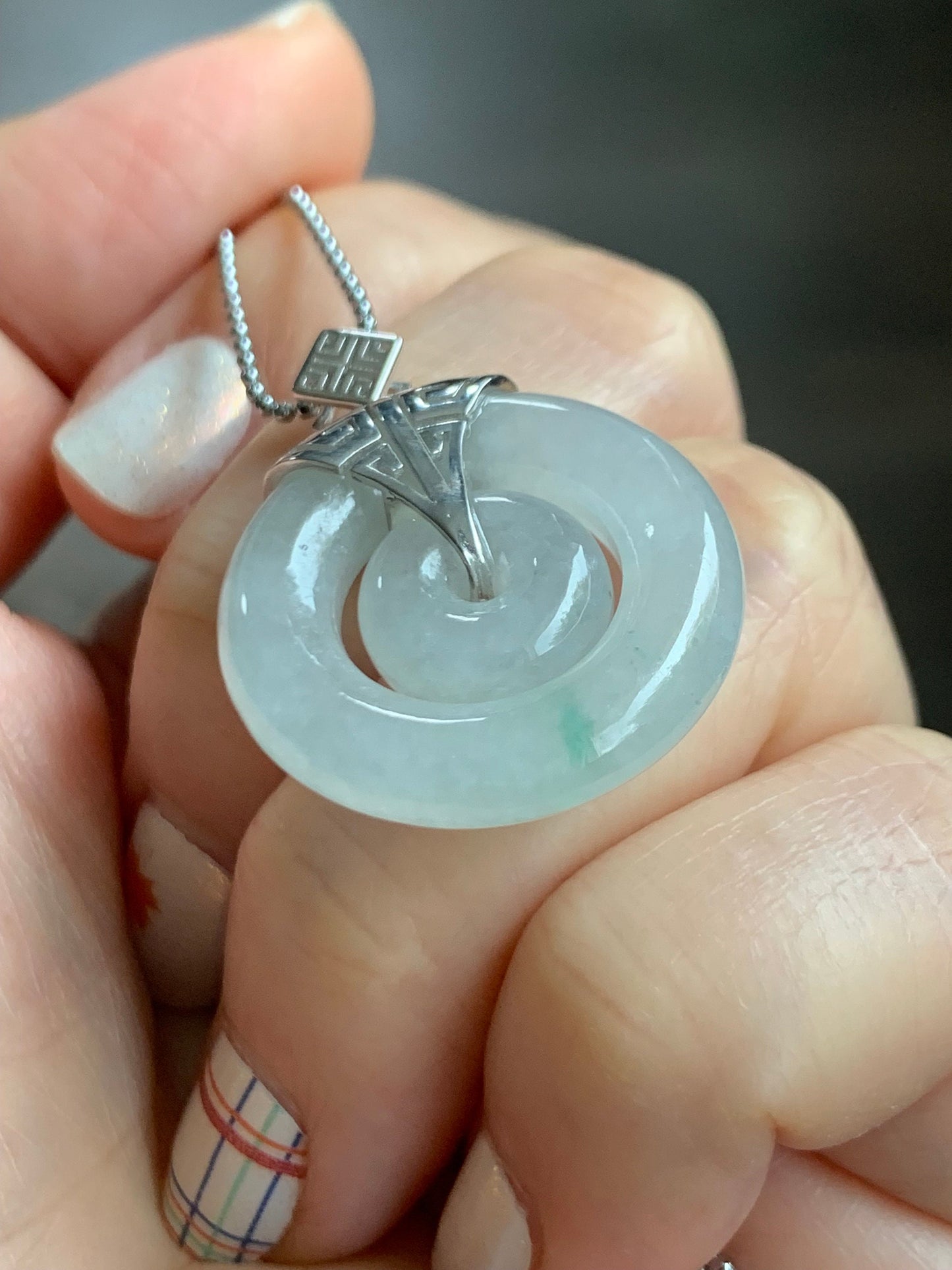 Certified Natural Burmese Icy Translucent White Jadeite w/ Green Marbling Mother-Child Ping An Kou Pendant Sterling Silver 天然缅甸冰飘花翡翠子母扣吊坠