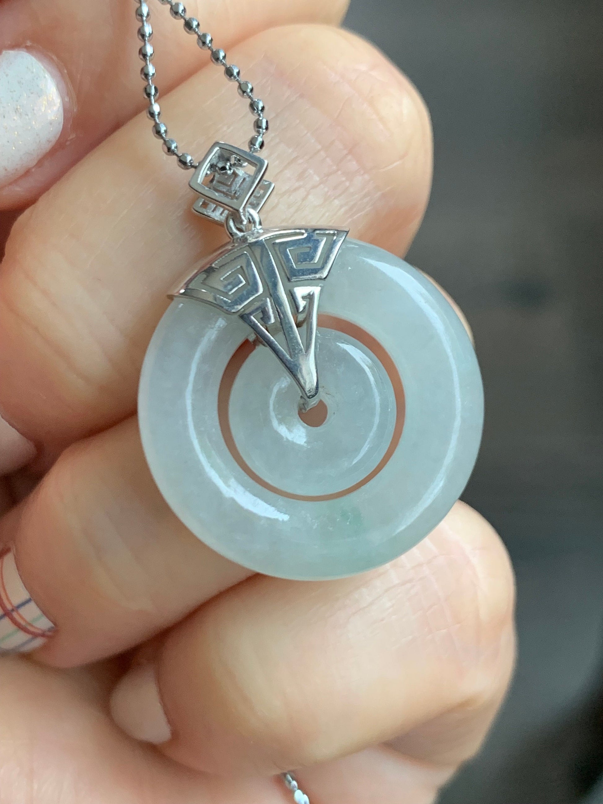Certified Natural Burmese Icy Translucent White Jadeite w/ Green Marbling Mother-Child Ping An Kou Pendant Sterling Silver 天然缅甸冰飘花翡翠子母扣吊坠