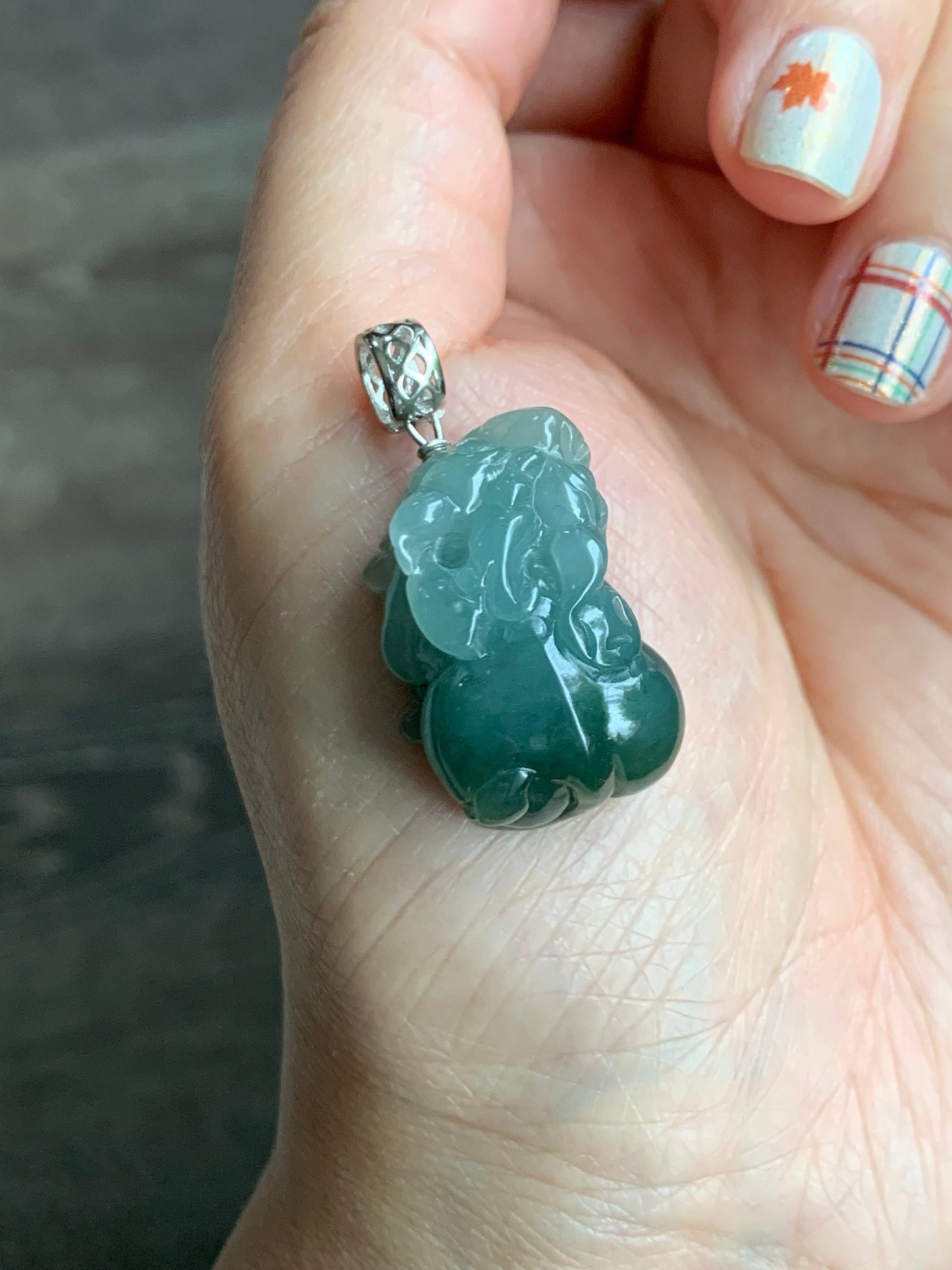 Natural Burmese Icy Translucent Gelatinous Dark Teal Green Jadeite Carved Pixiu Pendant Sterling Silver Bail 天然缅甸冰胶湖水绿翡翠貔貅吊坠