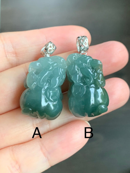 Natural Burmese Icy Translucent Gelatinous Dark Teal Green Jadeite Carved Pixiu Pendant Sterling Silver Bail 天然缅甸冰胶湖水绿翡翠貔貅吊坠