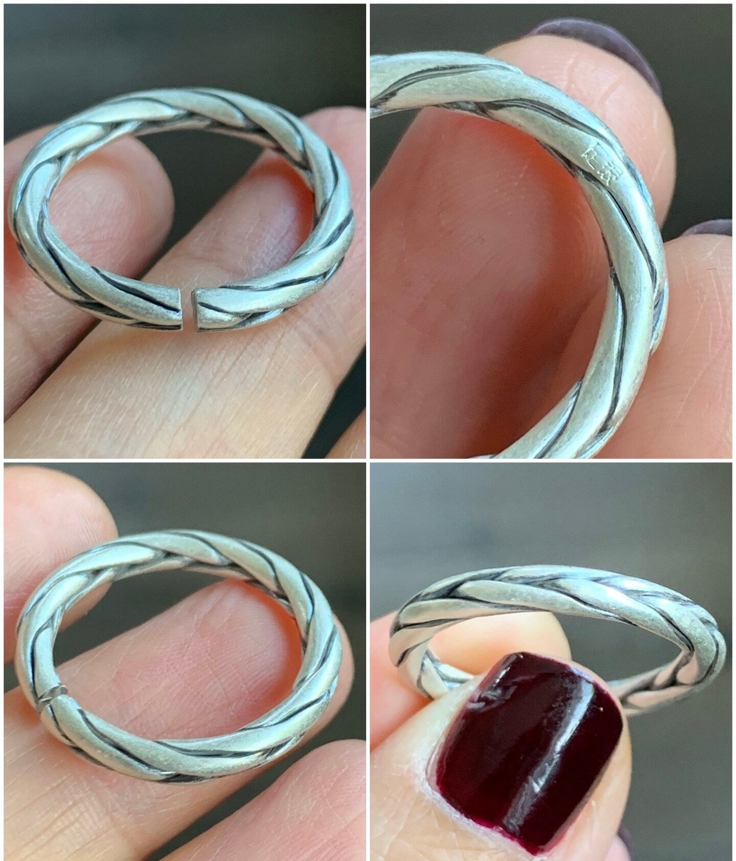 Solid 999 Sterling Silver Handcrafted Braided Band Ring Size 7.25 Adjustable 4 grams Must-Have! 999足银麻花款圆条戒圈