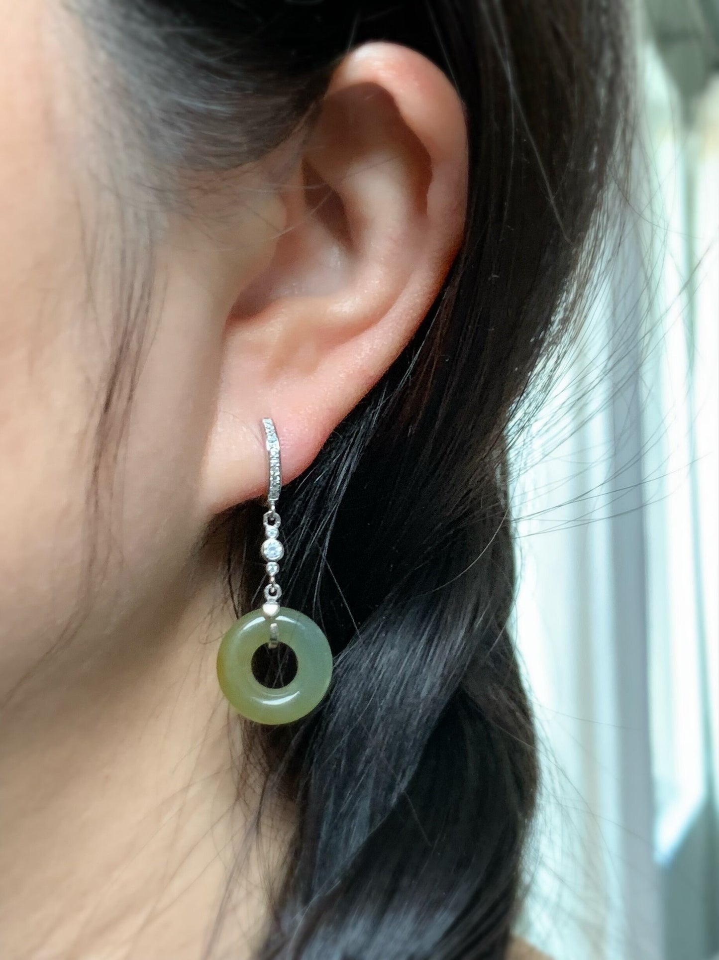 Natural Guatemalan Icy Translucent Yellow Jadeite Ping An Kou Donut Dangle Huggie Earrings Sterling Silver 天然冰危黄翡翠平安扣银耳包 S