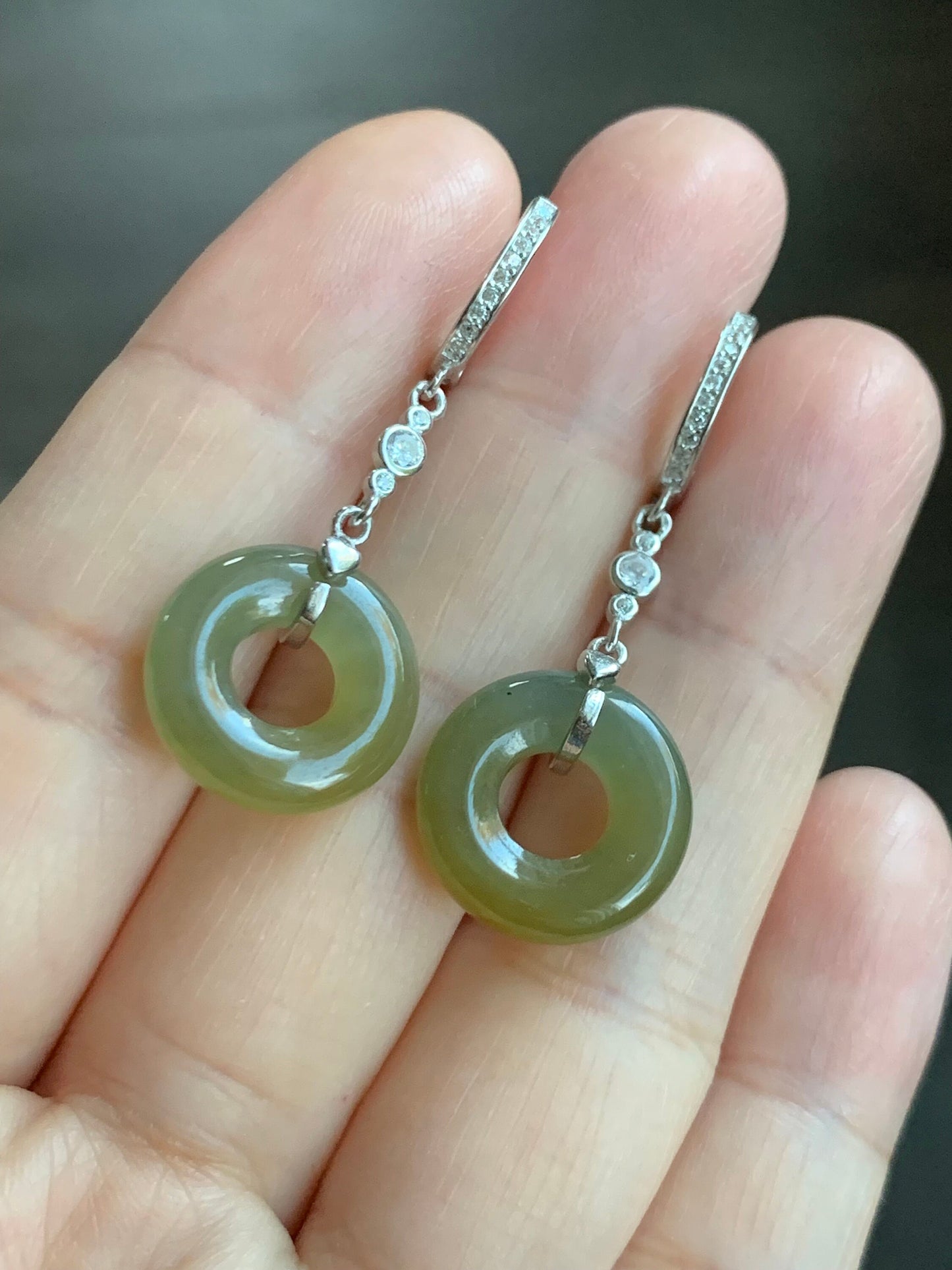 Natural Guatemalan Icy Translucent Yellow Jadeite Ping An Kou Donut Dangle Huggie Earrings Sterling Silver 天然冰危黄翡翠平安扣银耳包 S