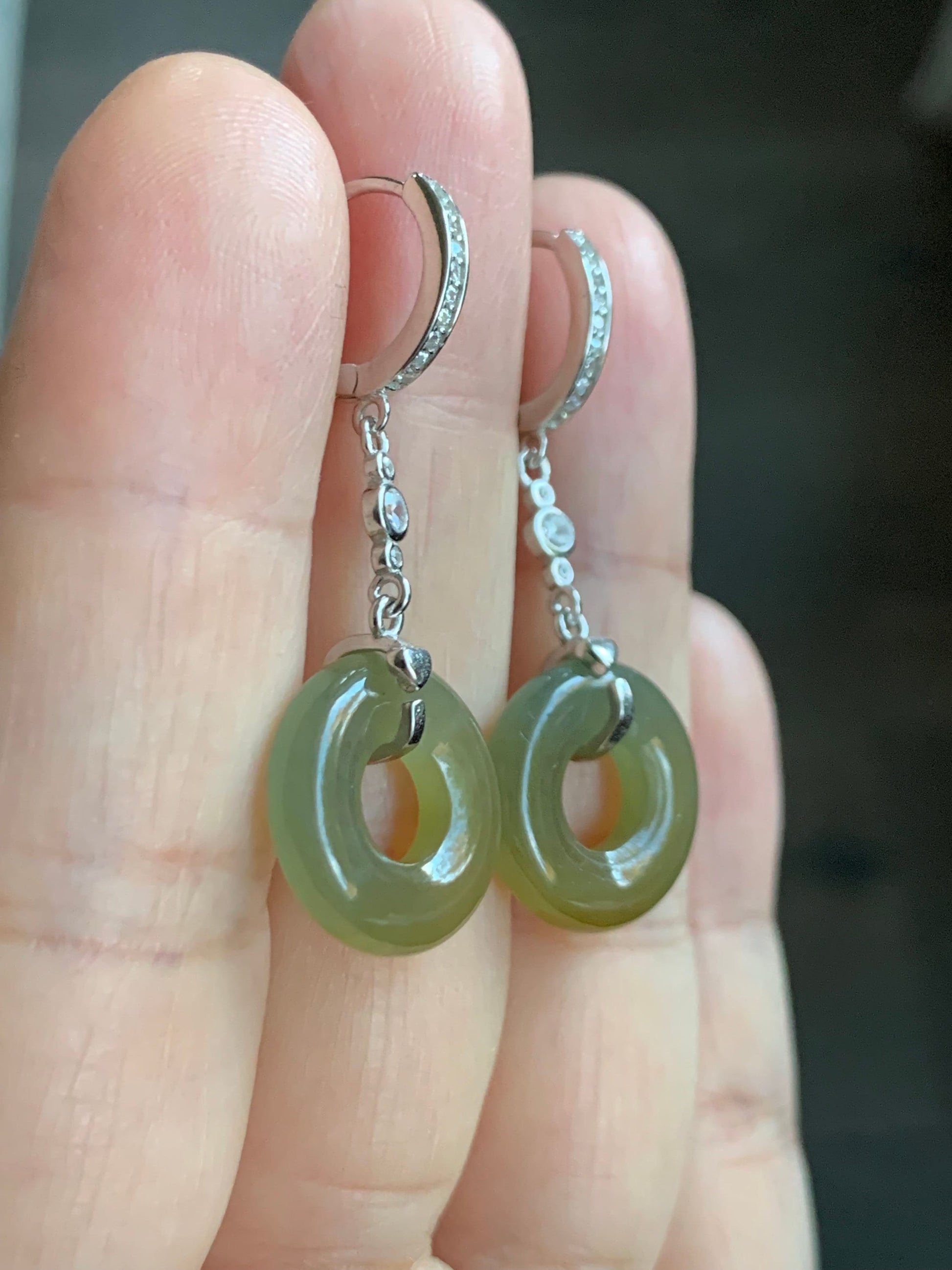 Natural Guatemalan Icy Translucent Yellow Jadeite Ping An Kou Donut Dangle Huggie Earrings Sterling Silver 天然冰危黄翡翠平安扣银耳包 S
