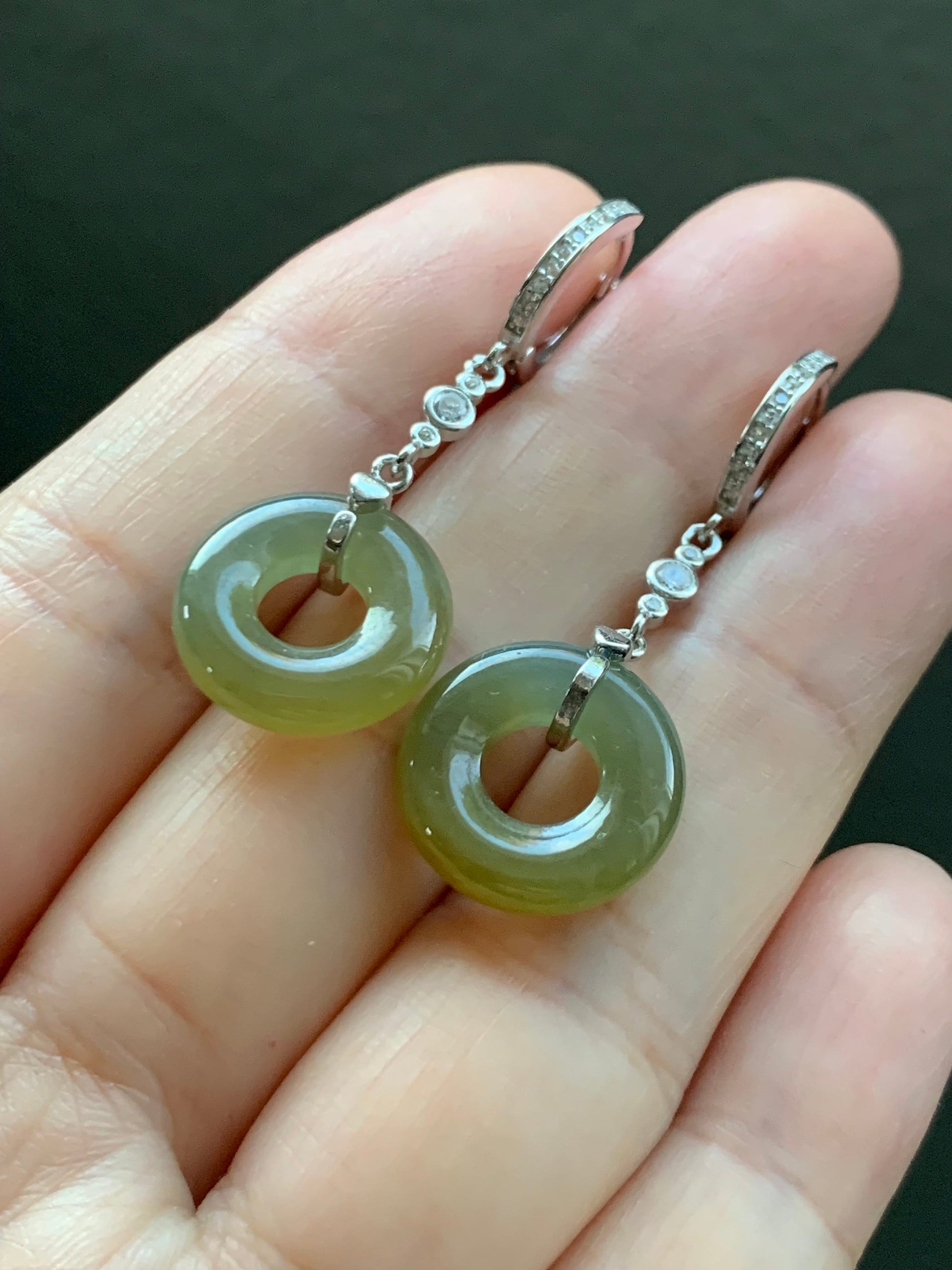 Natural Guatemalan Icy Translucent Yellow Jadeite Ping An Kou Donut Dangle Huggie Earrings Sterling Silver 天然冰危黄翡翠平安扣银耳包 S