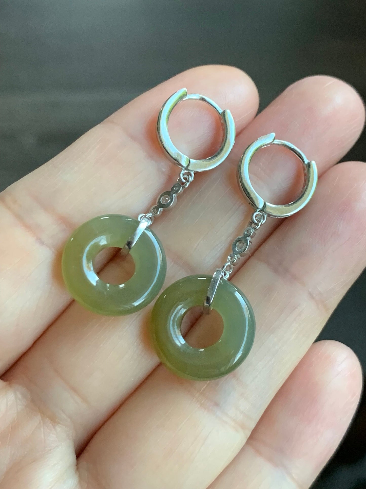 Natural Guatemalan Icy Translucent Yellow Jadeite Ping An Kou Donut Dangle Huggie Earrings Sterling Silver 天然冰危黄翡翠平安扣银耳包 S