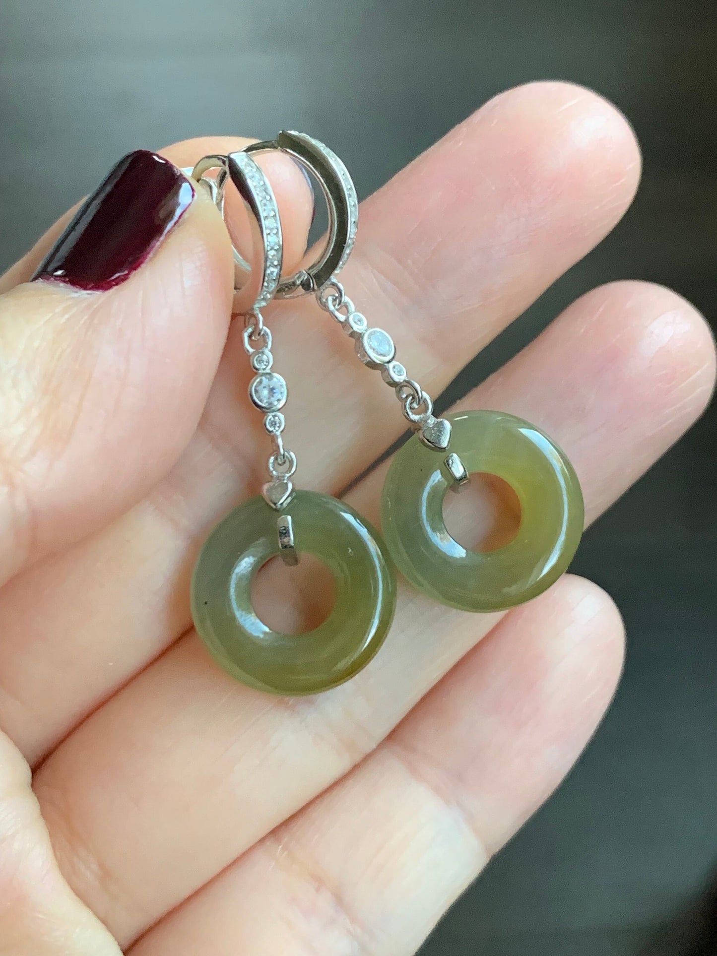 Natural Guatemalan Icy Translucent Yellow Jadeite Ping An Kou Donut Dangle Huggie Earrings Sterling Silver 天然冰危黄翡翠平安扣银耳包 S